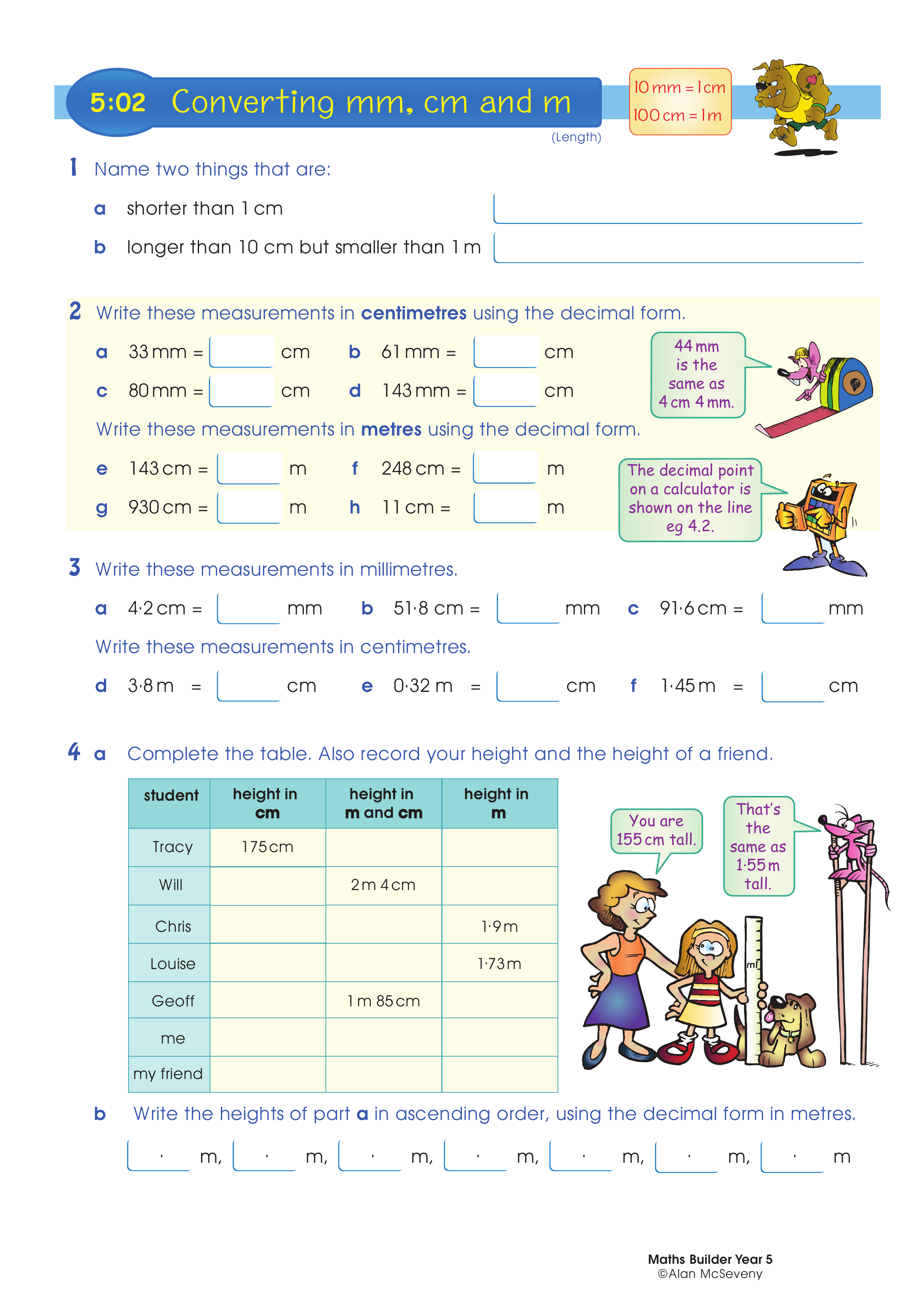 Converting mm, cm and m — worksheet preview