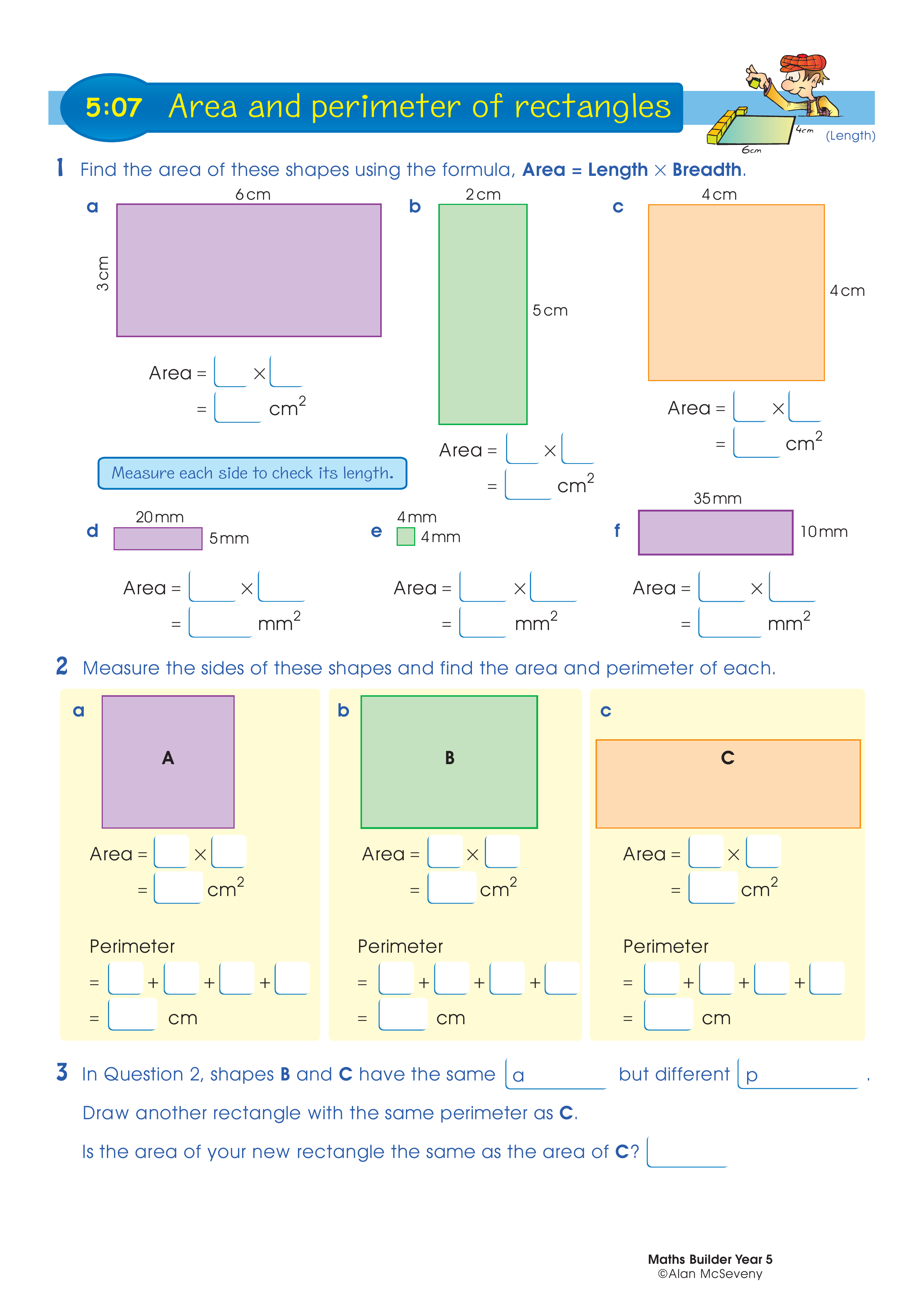 Area and perimeter of rectangles — worksheet preview