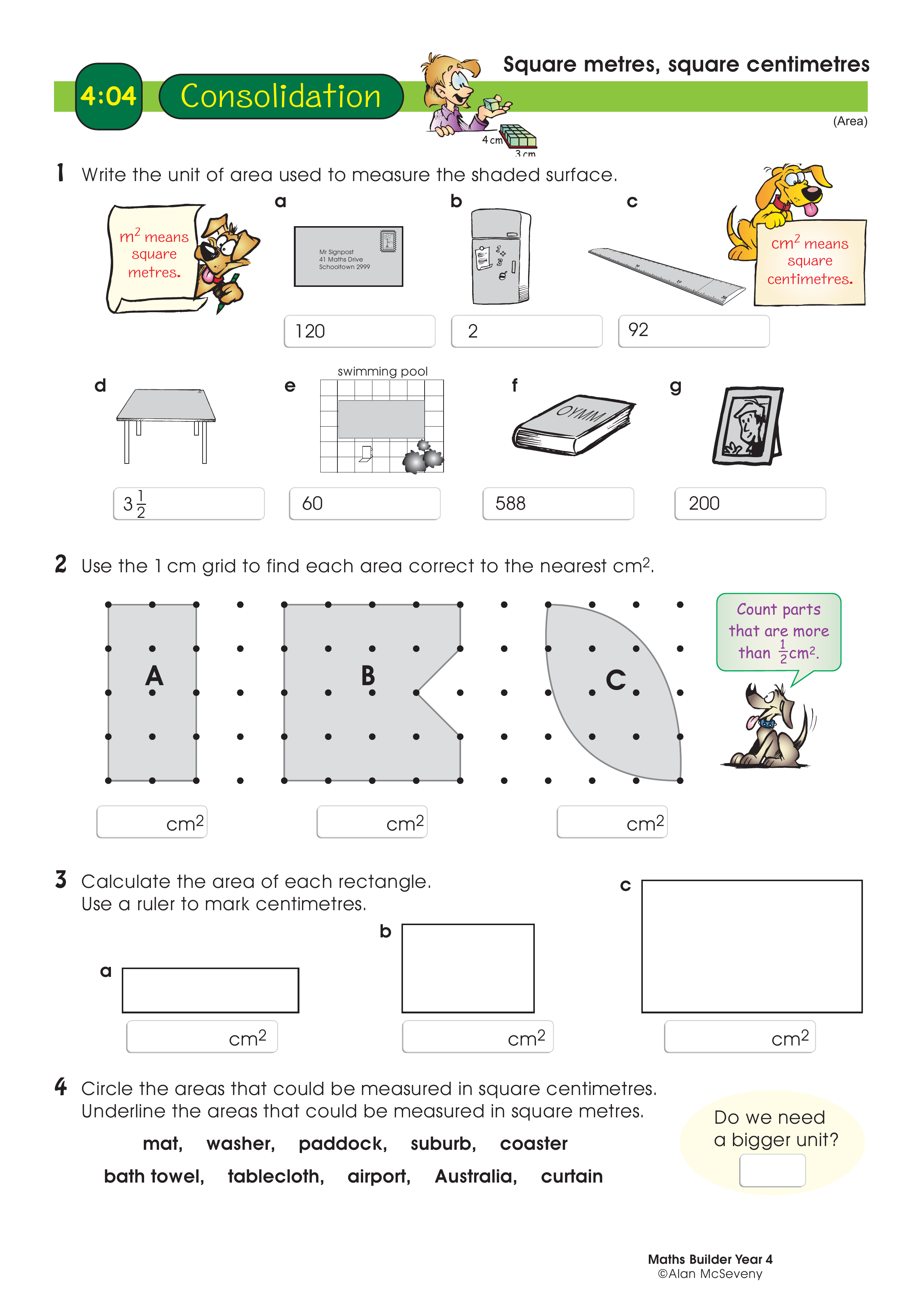Square metres, square centimetres — worksheet preview