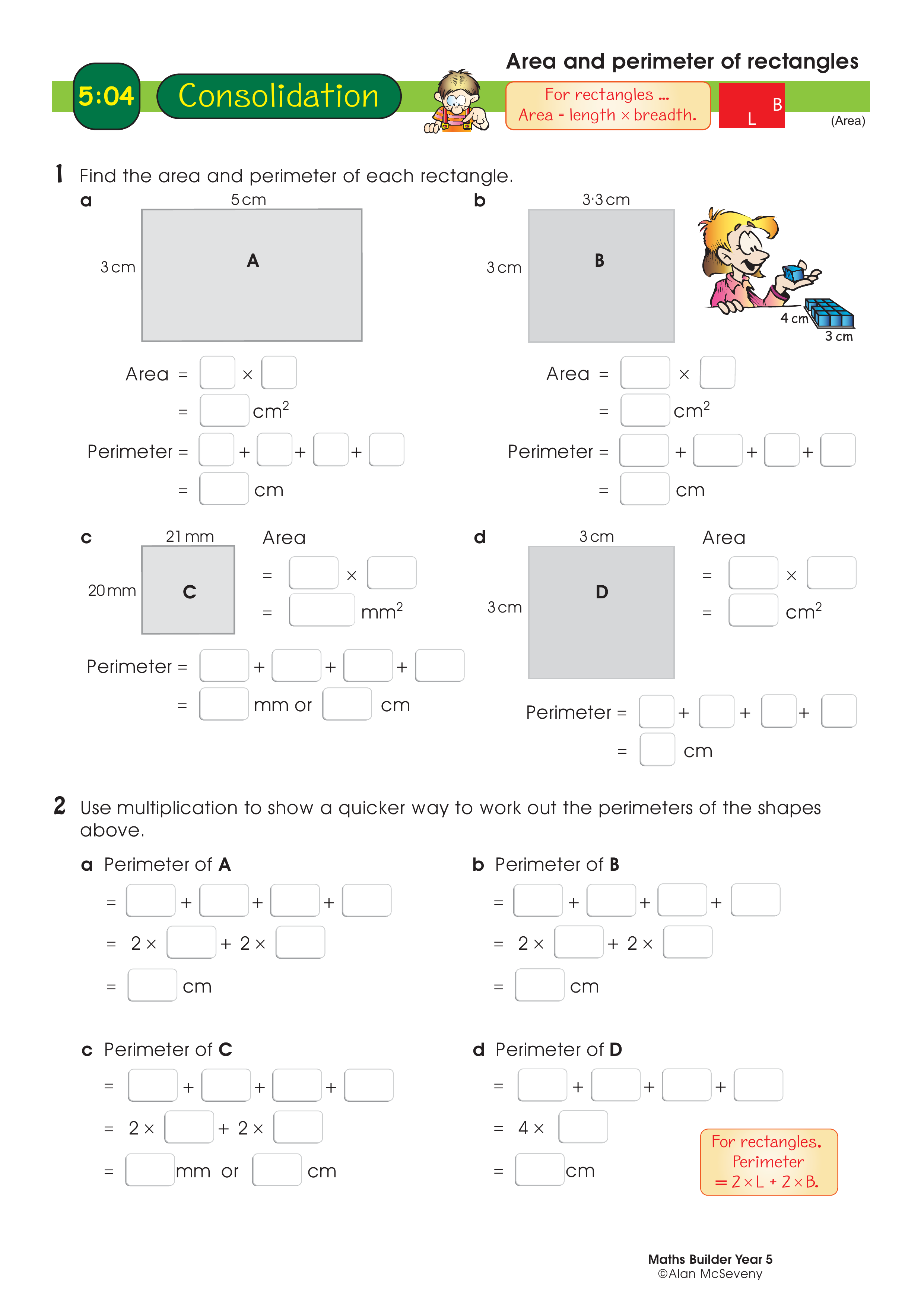 Area and perimeter of rectangles — worksheet preview
