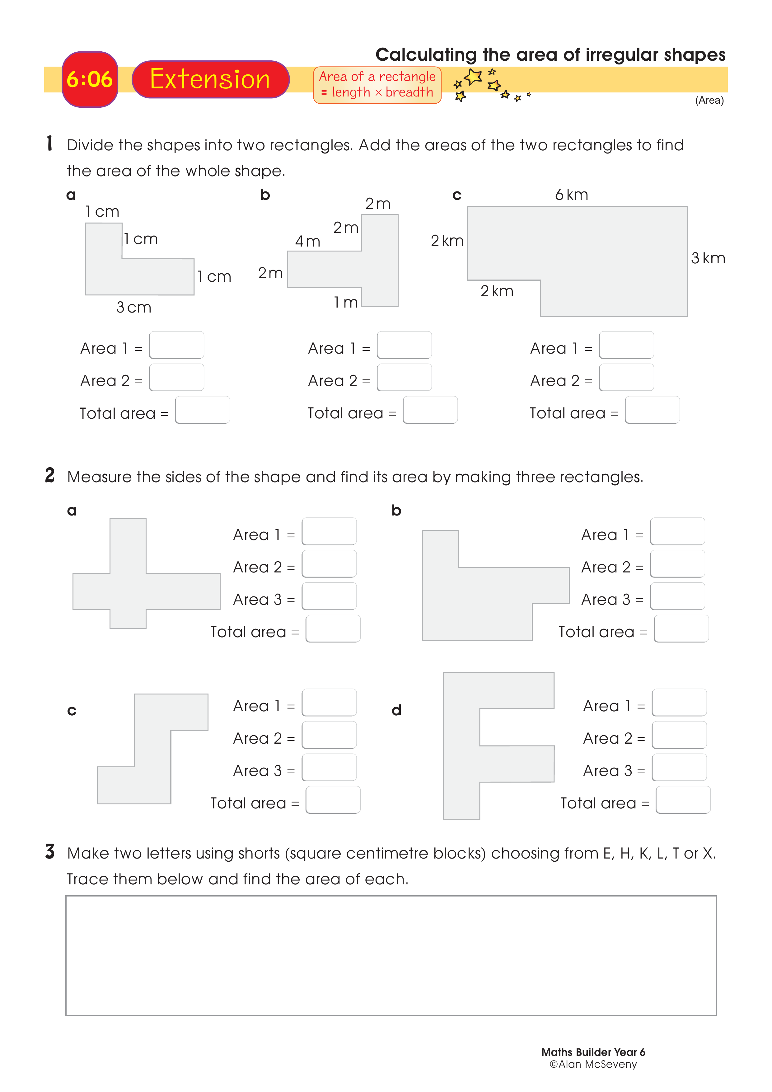 Calculating the area of irregular shapes — worksheet preview