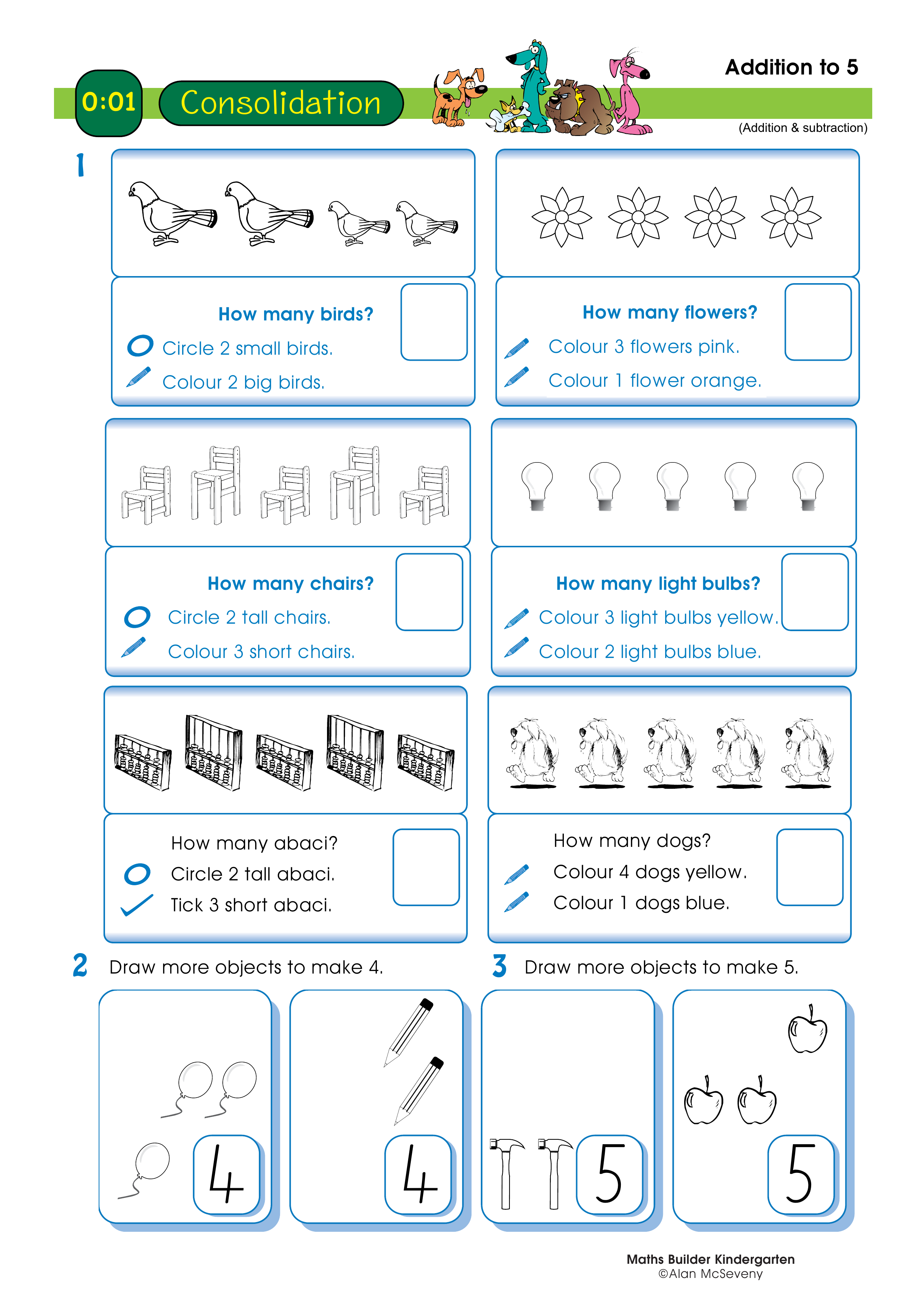 Addition to 5 — worksheet preview