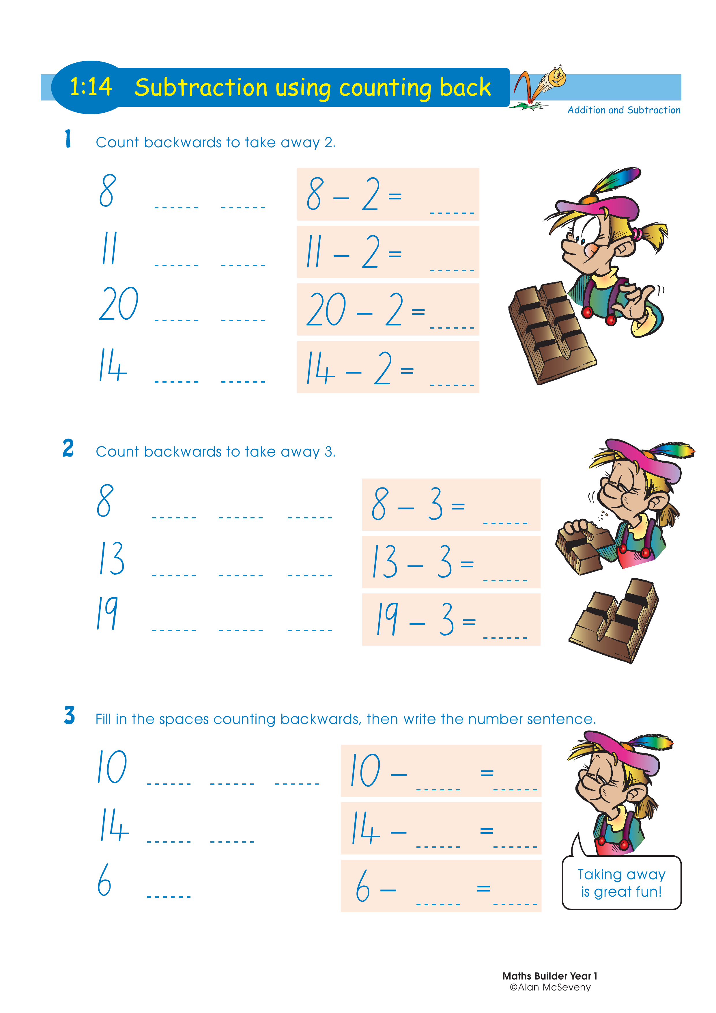 Subtraction using counting back — worksheet preview