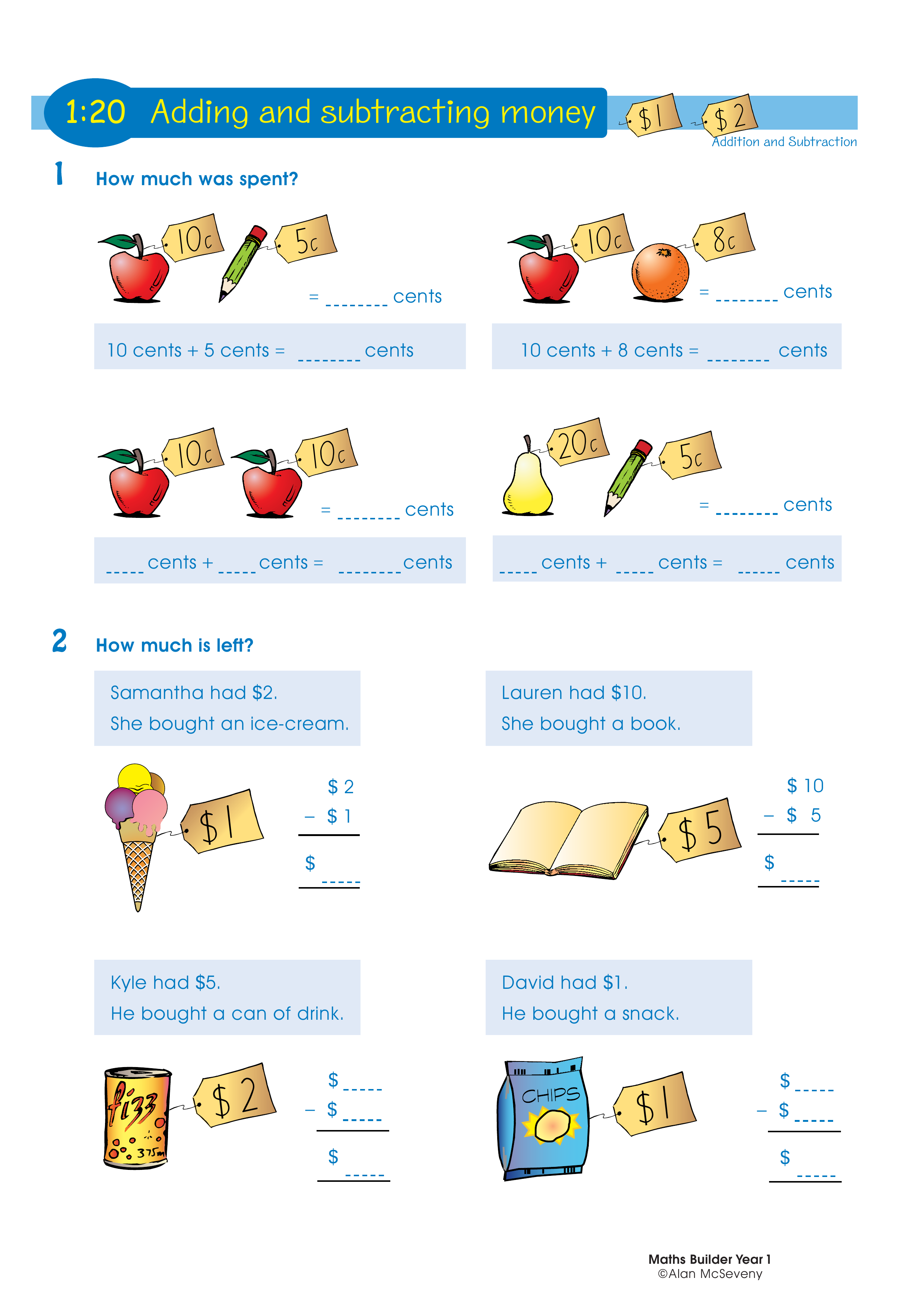 Adding and subtracting money — worksheet preview