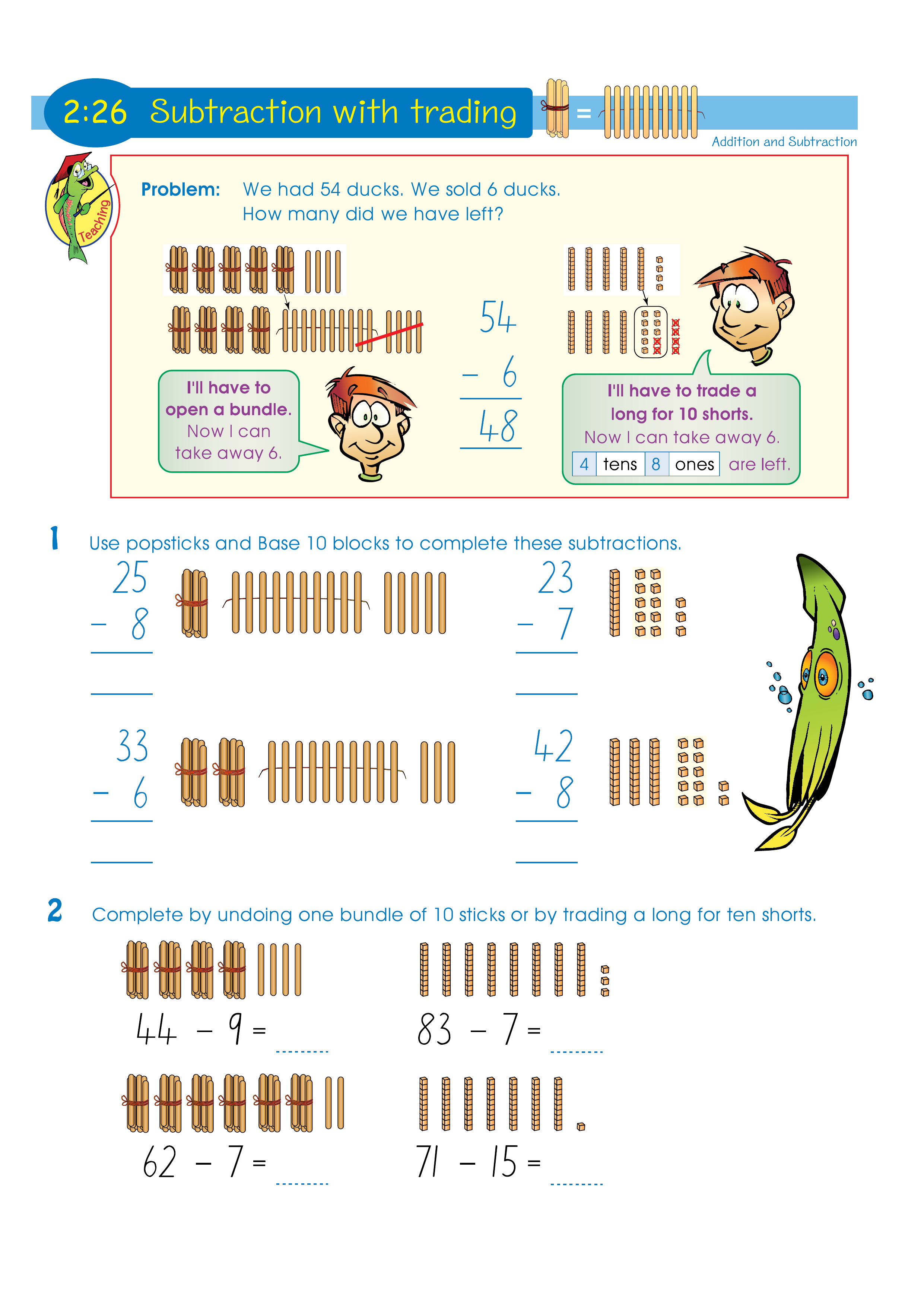 Subtraction with trading — worksheet preview