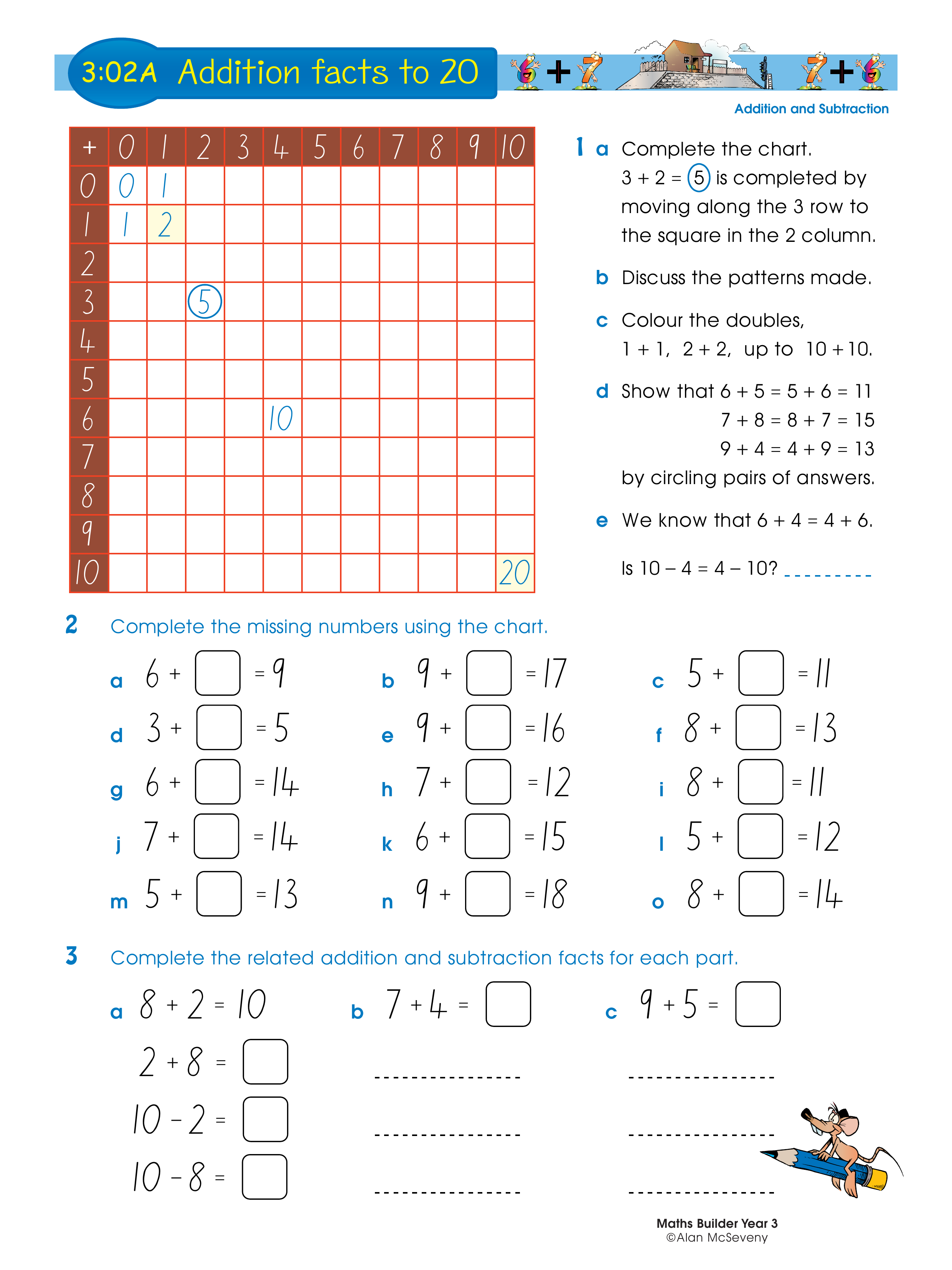 Addition facts to 20 — worksheet preview
