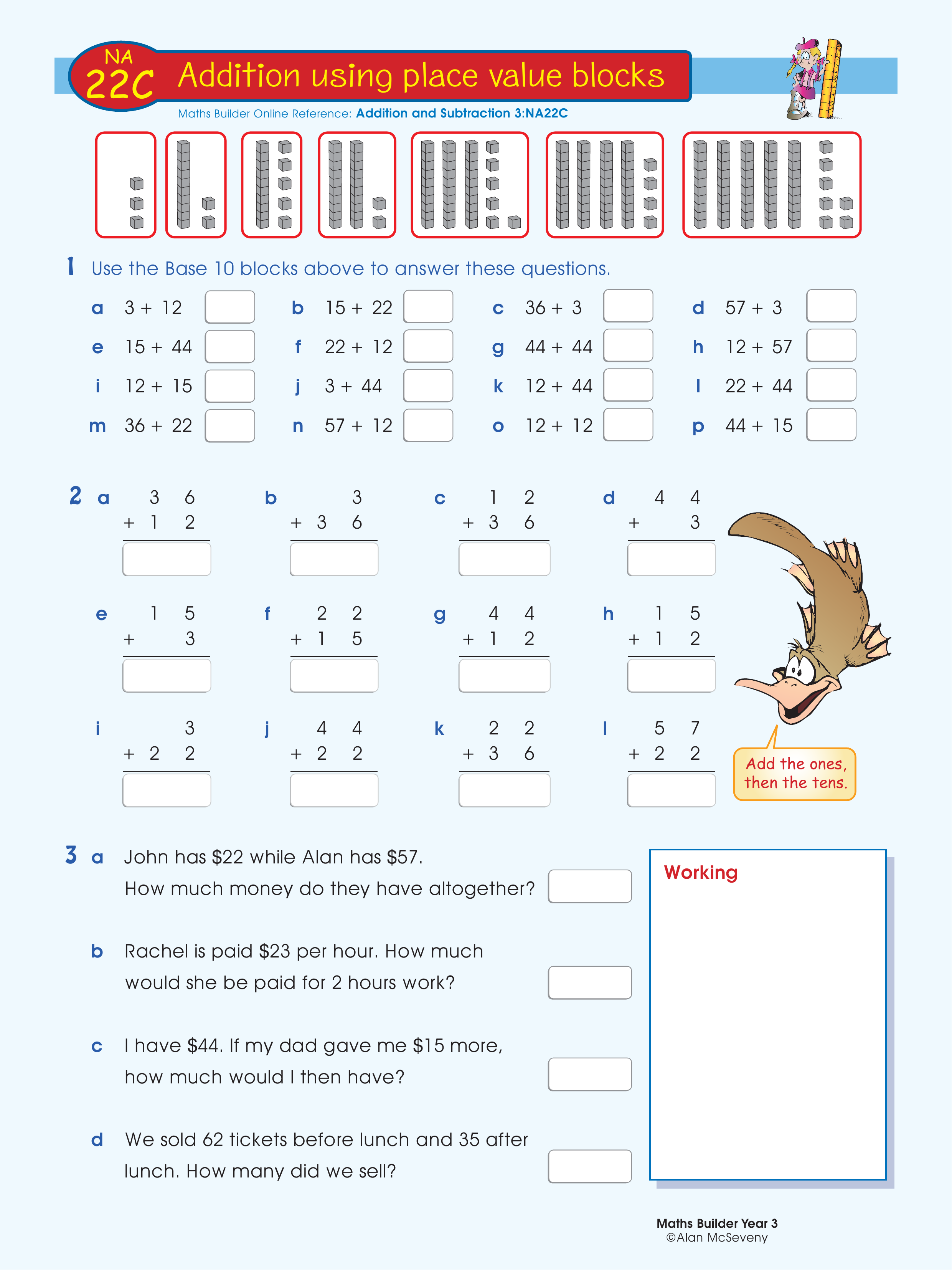 Addition using place value blocks — worksheet preview