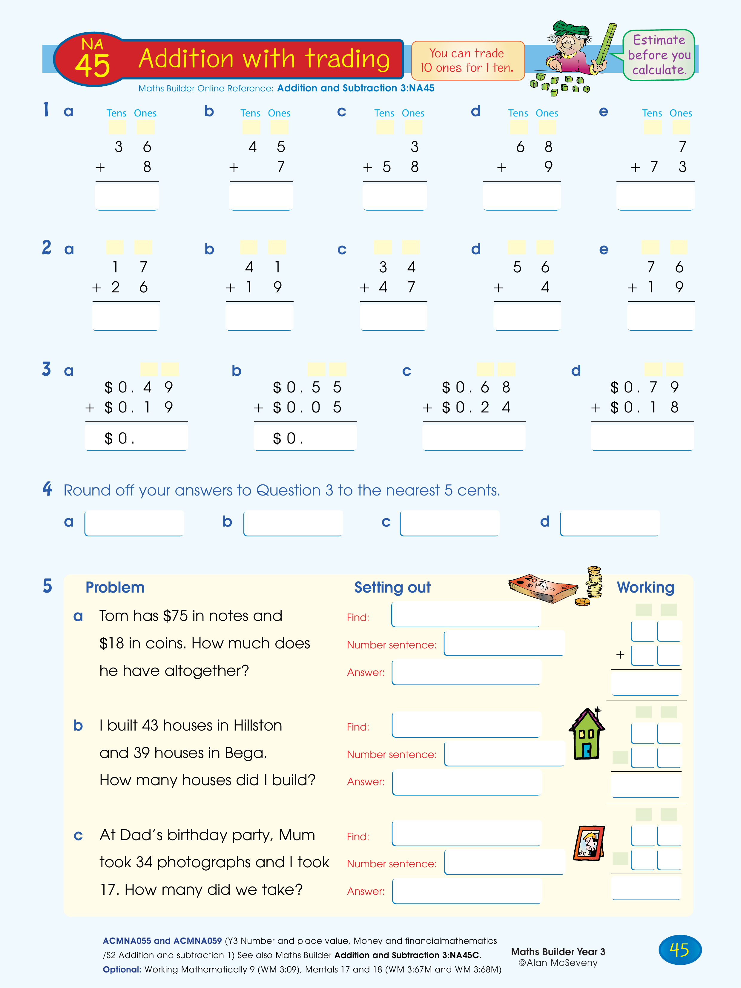 Addition with trading — worksheet preview