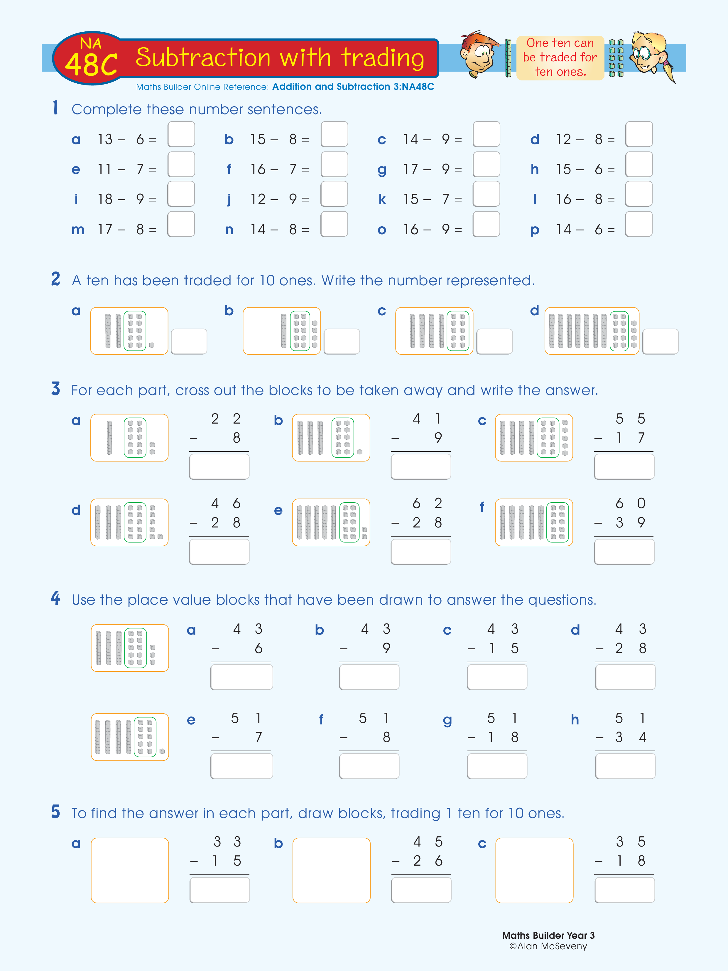 Subtraction with trading — worksheet preview