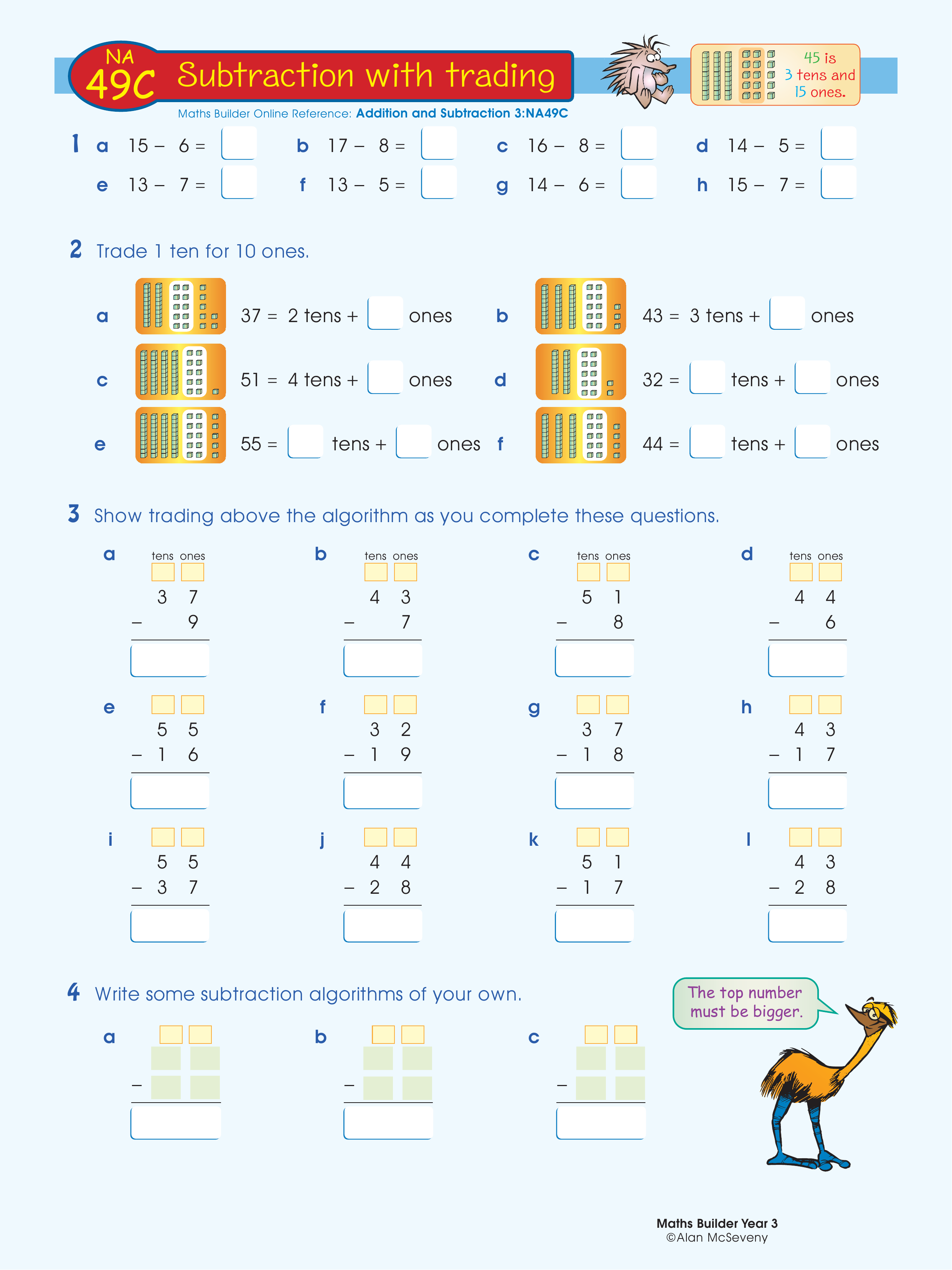 Subtraction with trading — worksheet preview