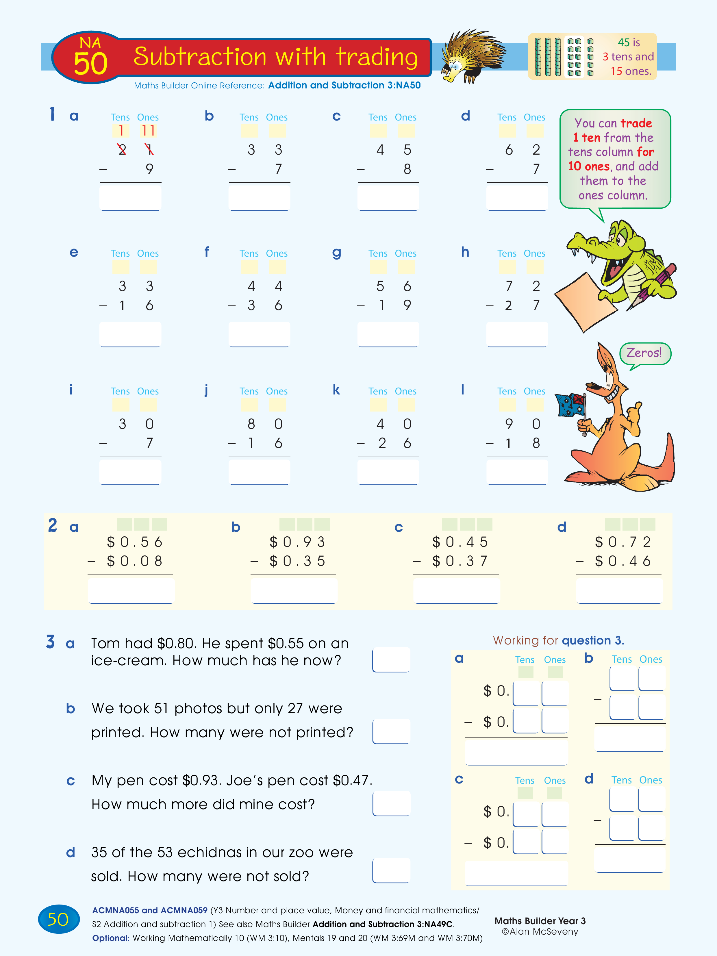 Subtraction with trading — worksheet preview