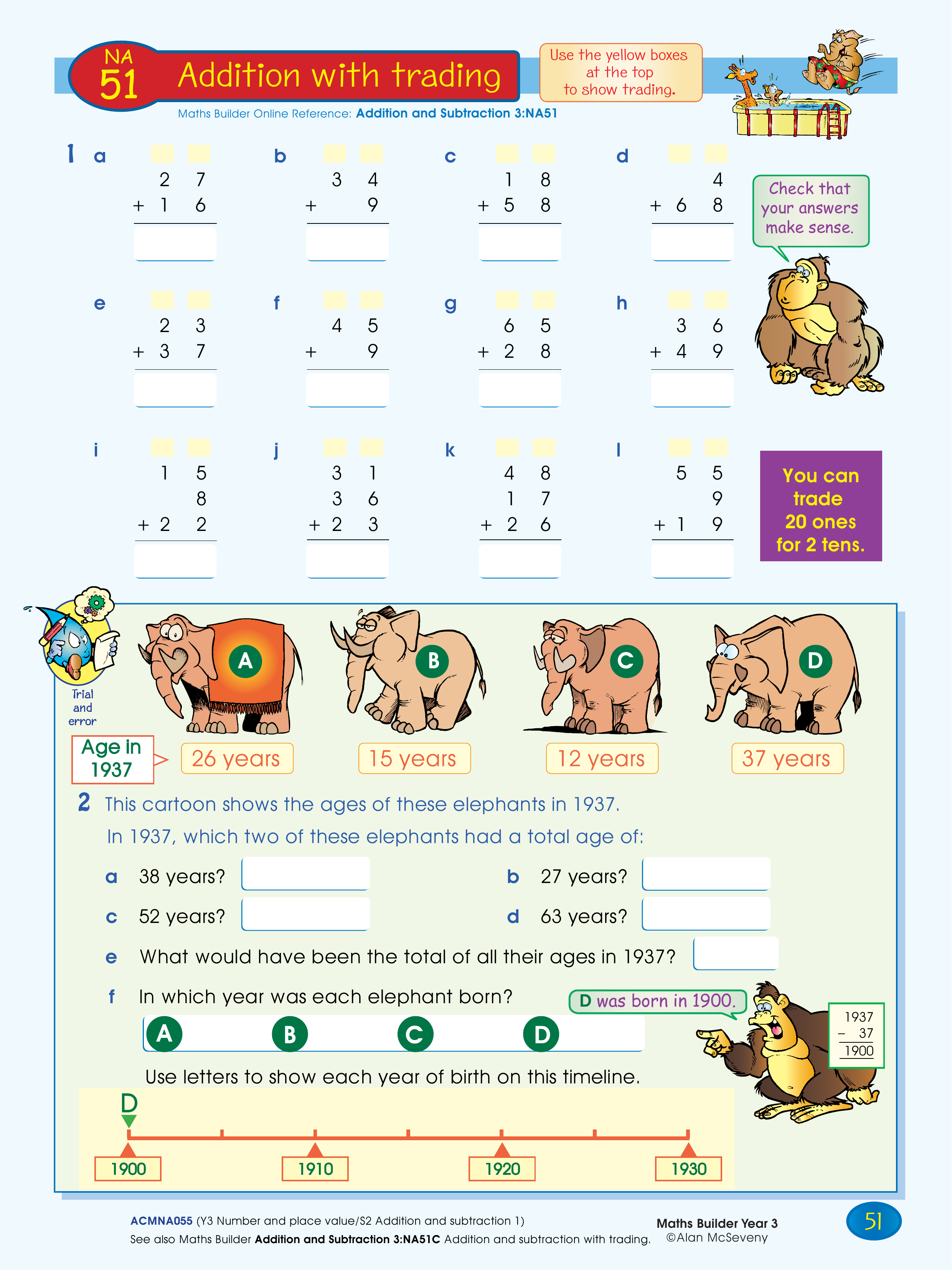 Addition with trading — worksheet preview