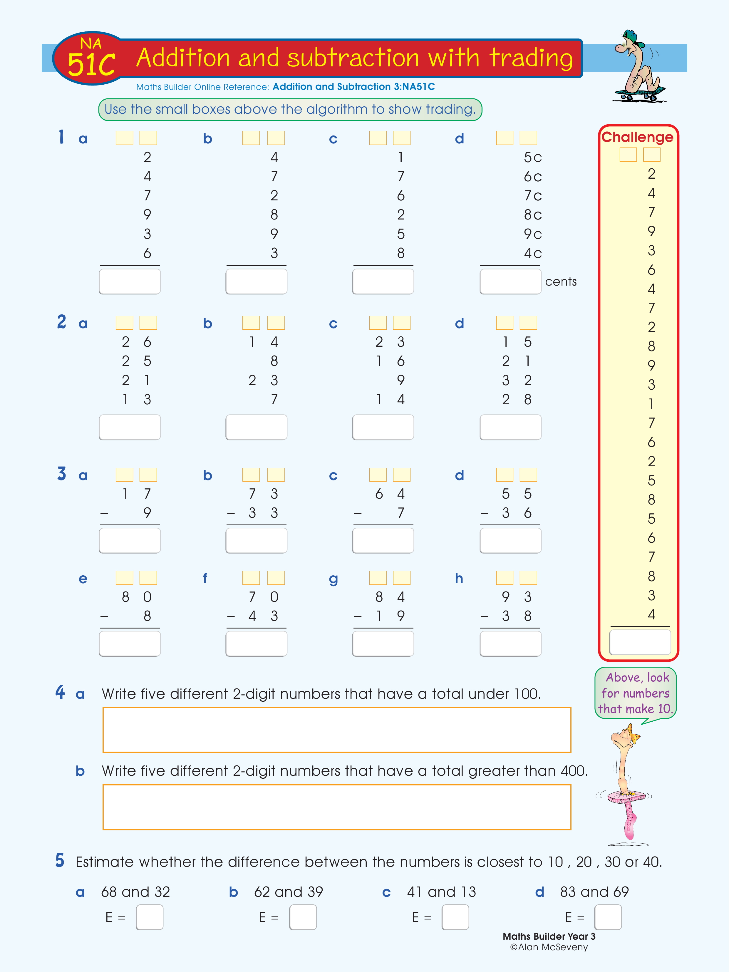Addition and subtraction with trading — worksheet preview