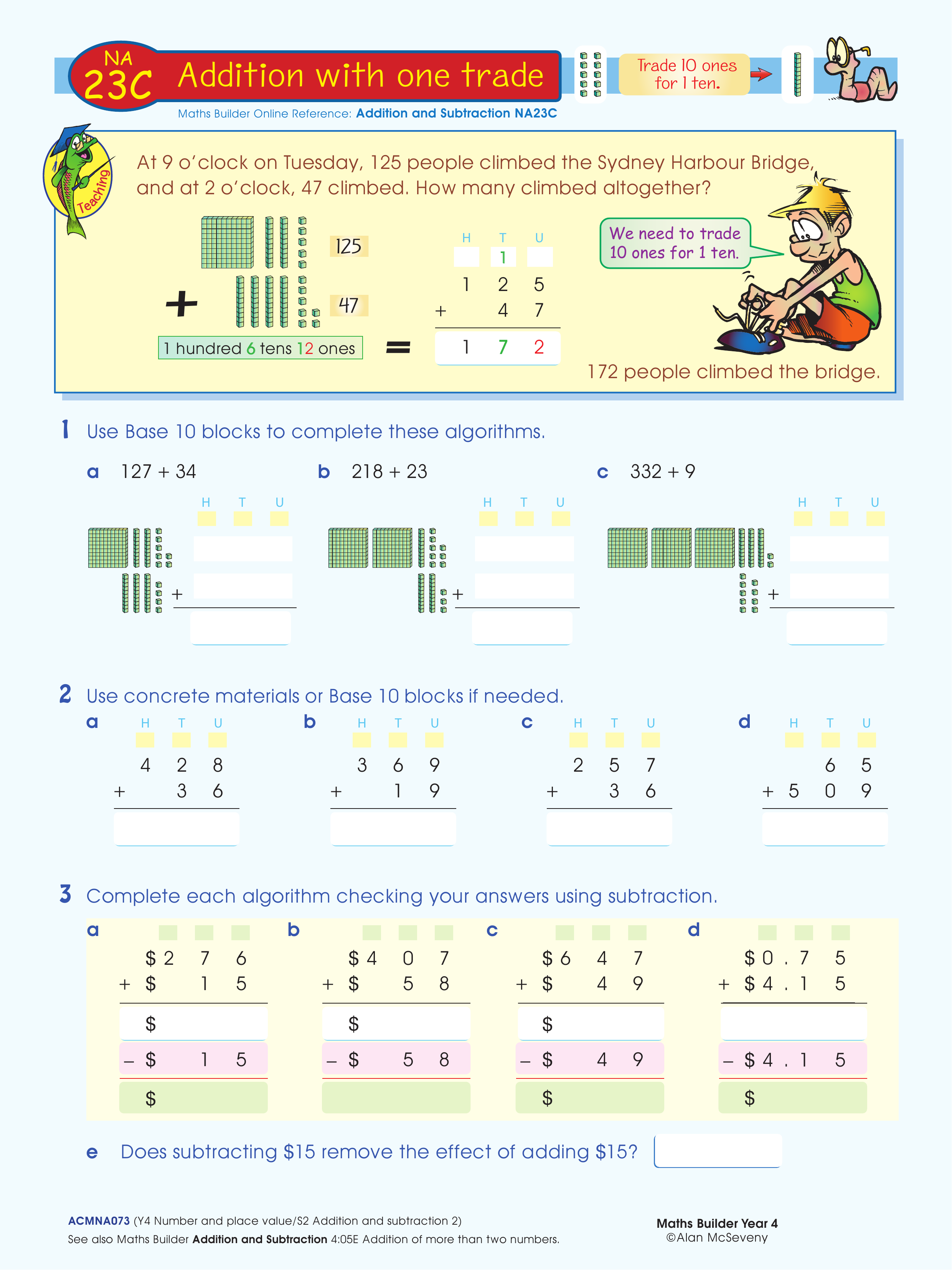 Addition with one trade — worksheet preview
