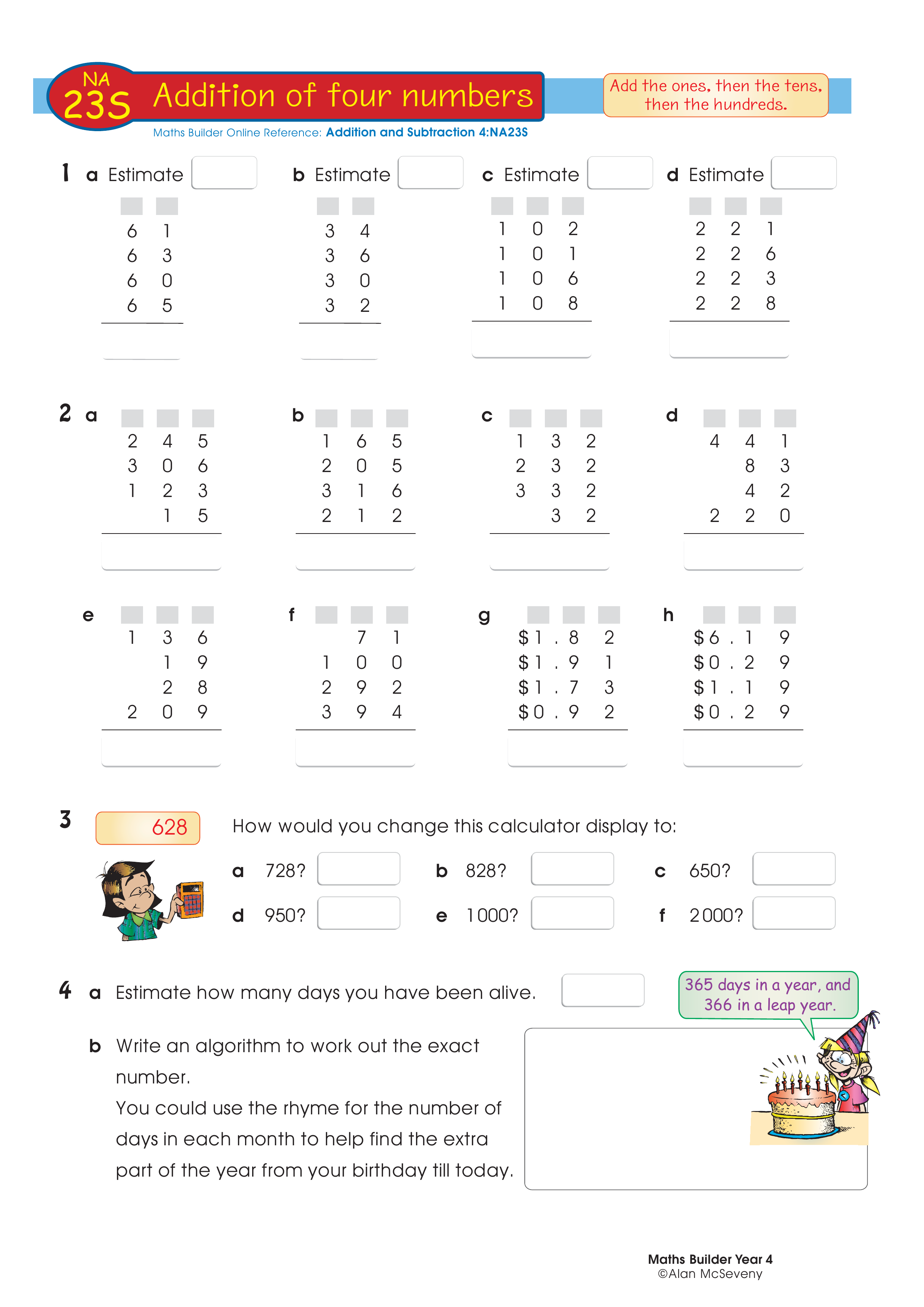 Addition of four numbers — worksheet preview