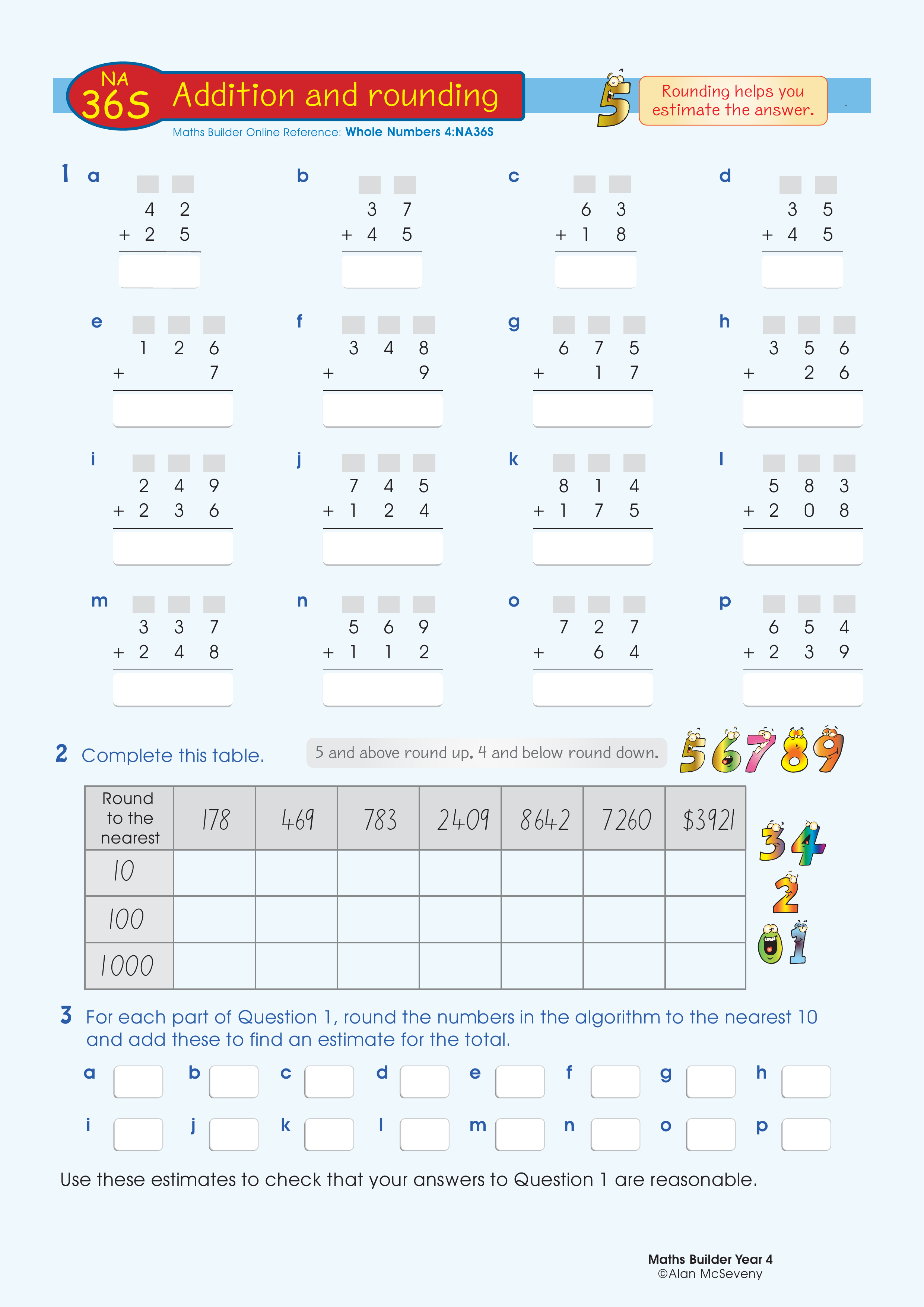 Addition and rounding — worksheet preview