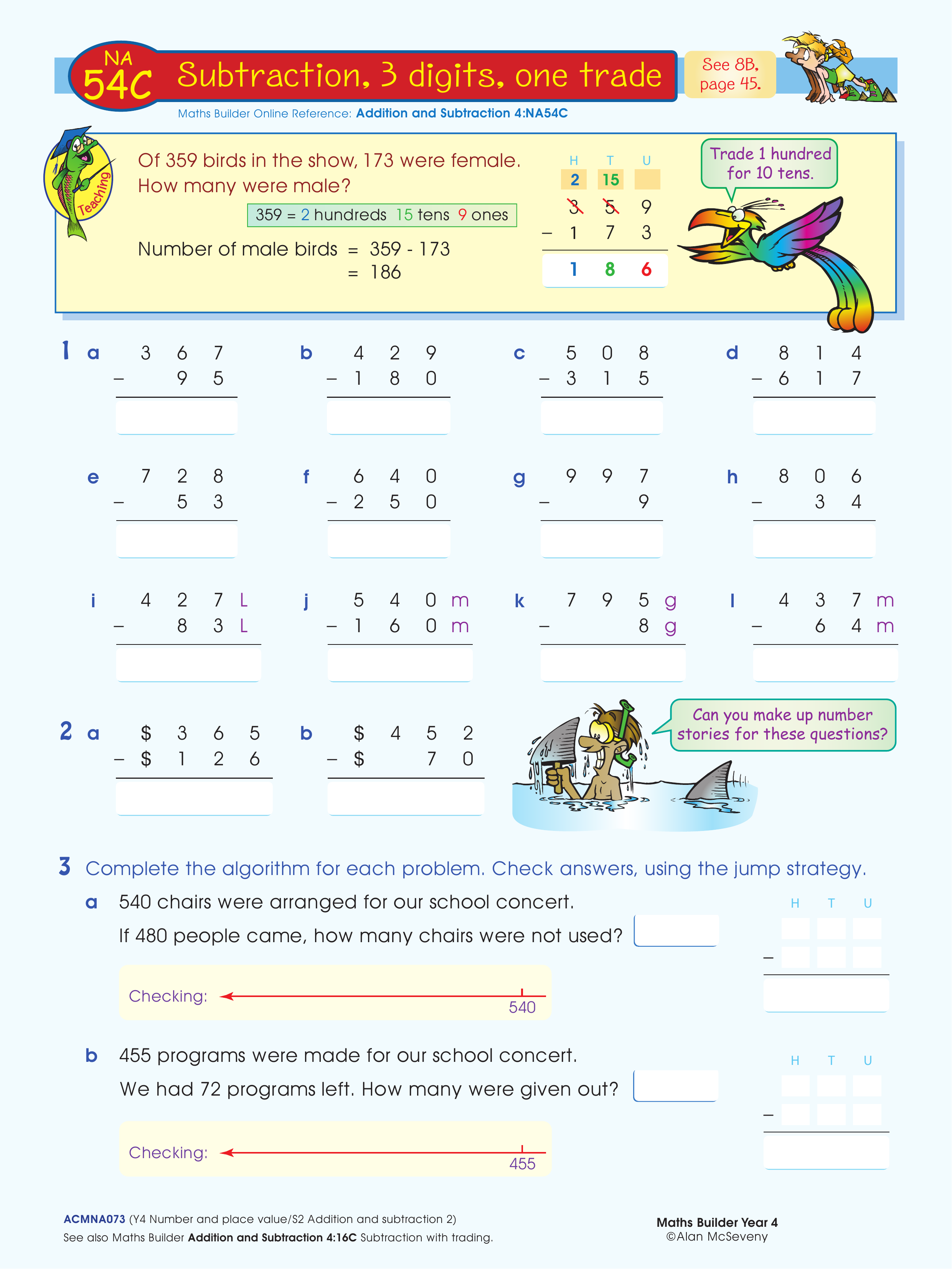 Subtraction, 3 digits, one trade — worksheet preview