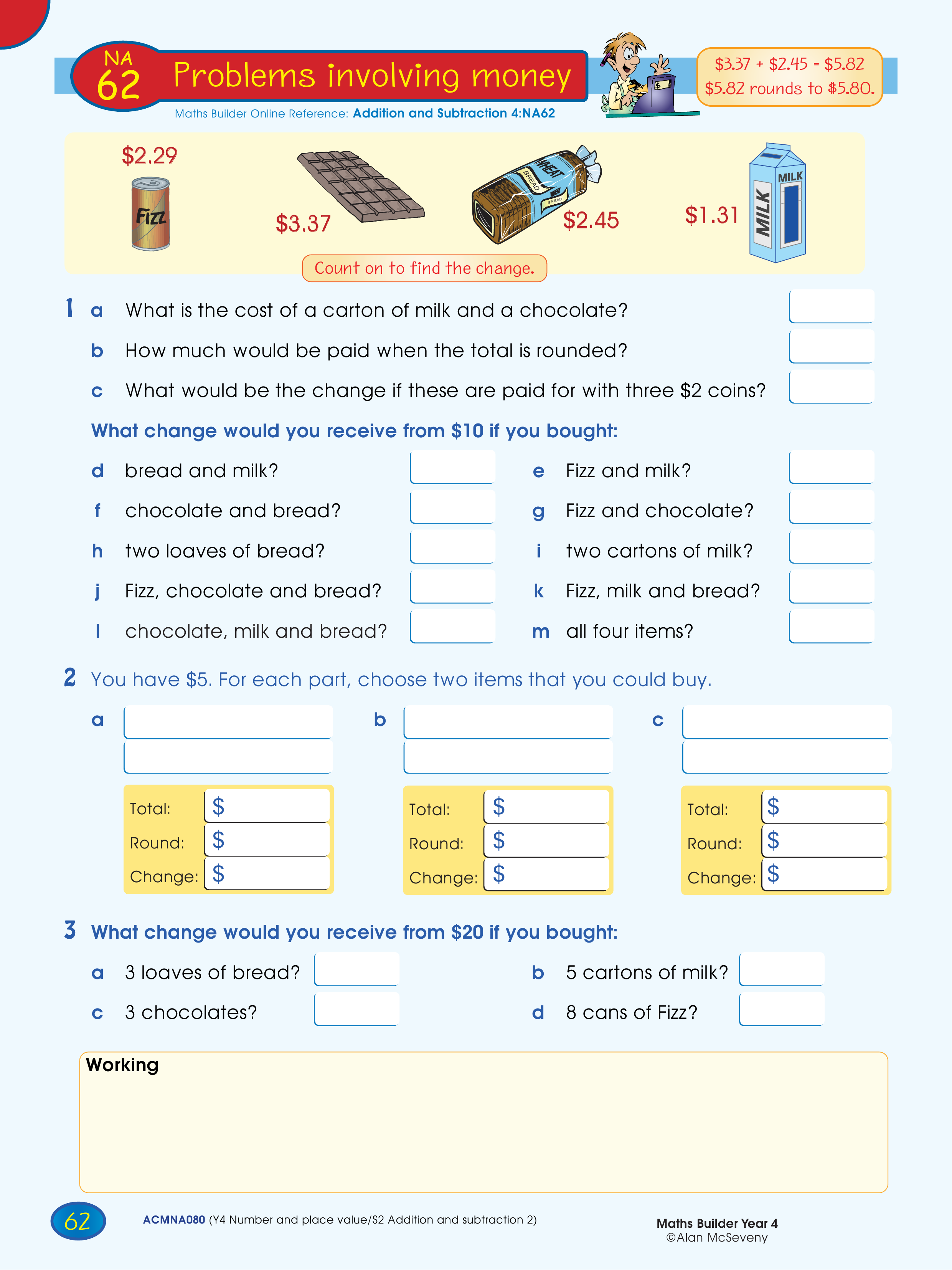 Problems involving money — worksheet preview