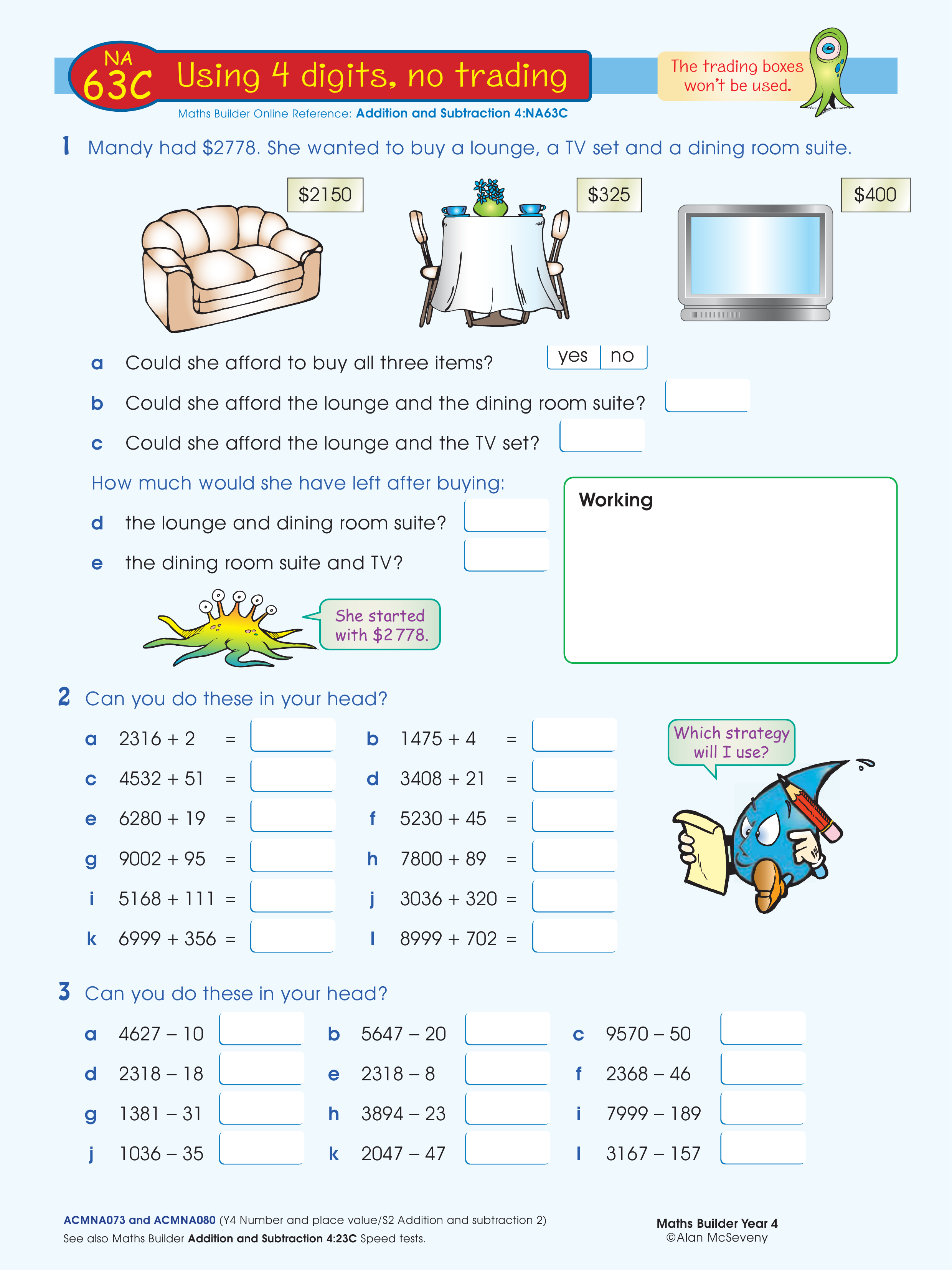 Using 4 digits, no trading — worksheet preview