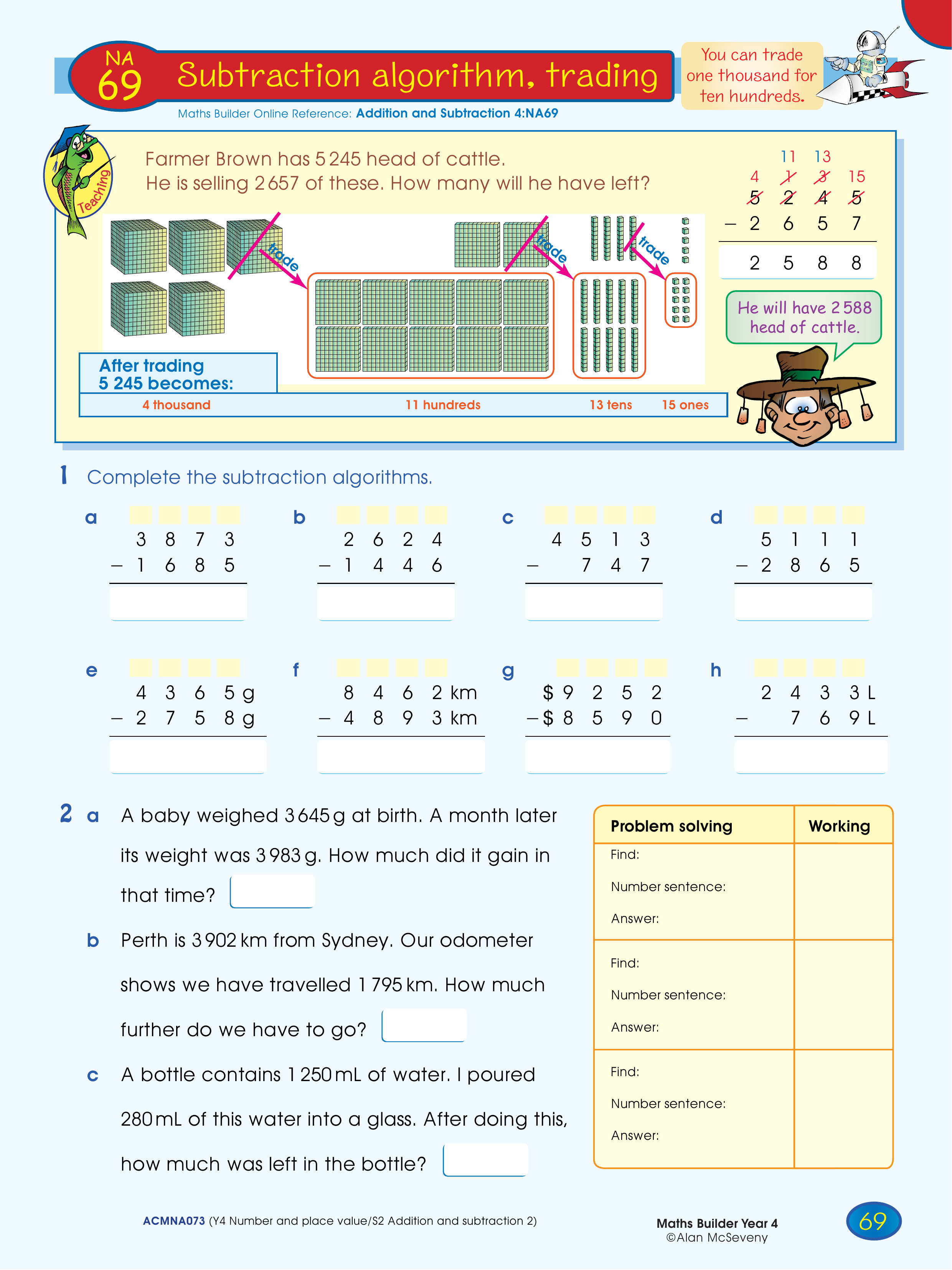 Subtraction algorithm, trading — worksheet preview