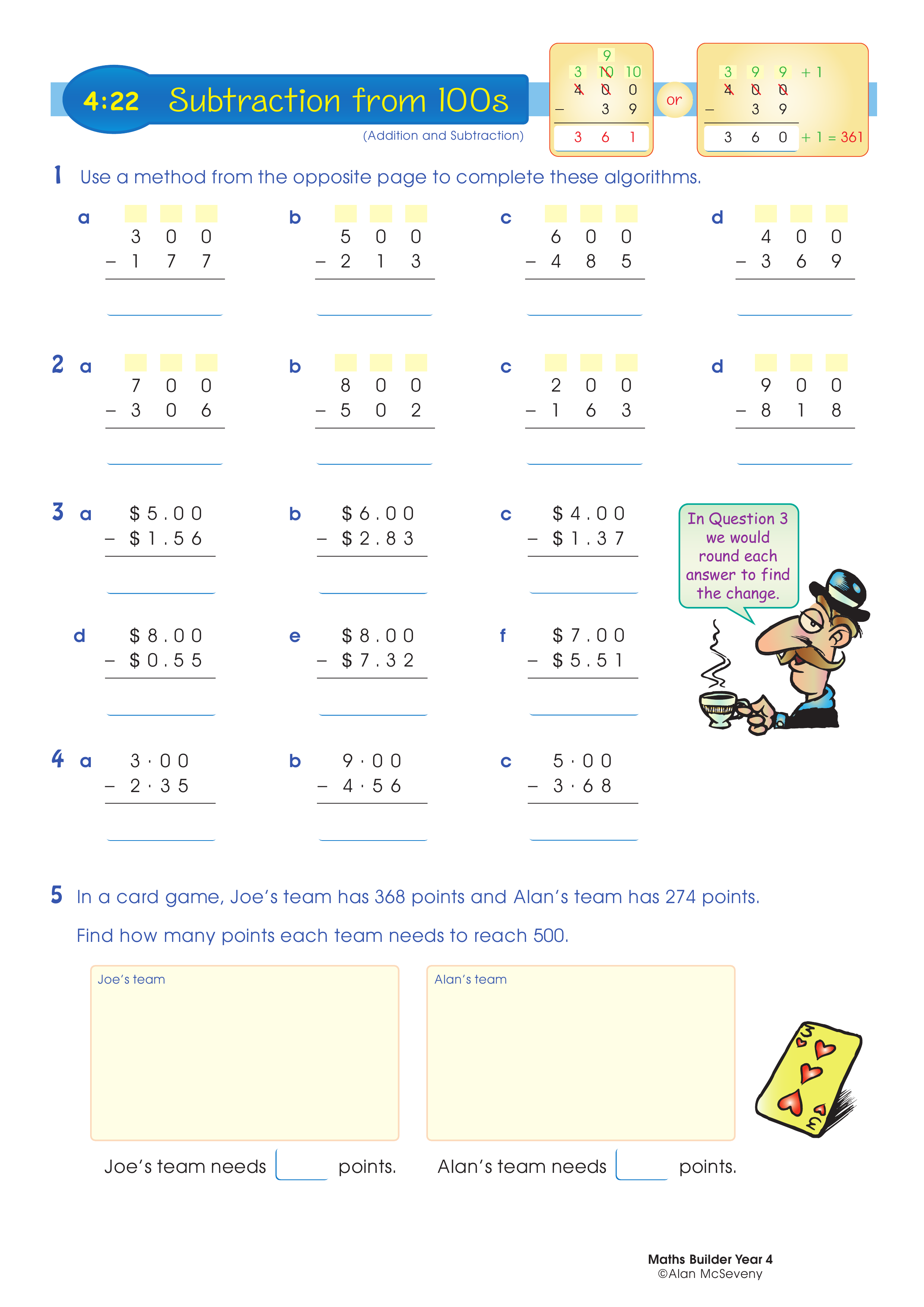 Subtraction from 100s — worksheet preview