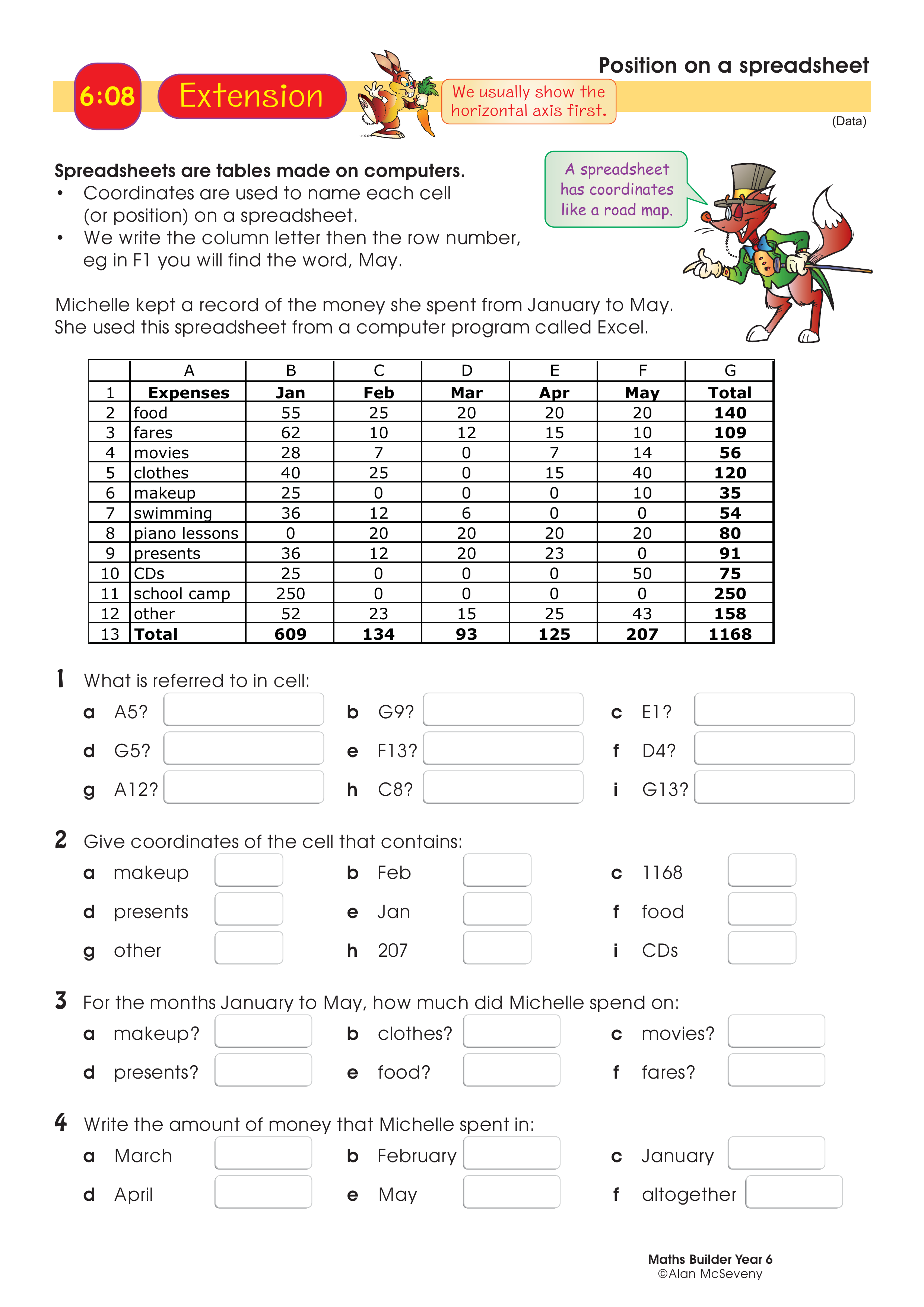 Position on a spreadsheet — worksheet preview