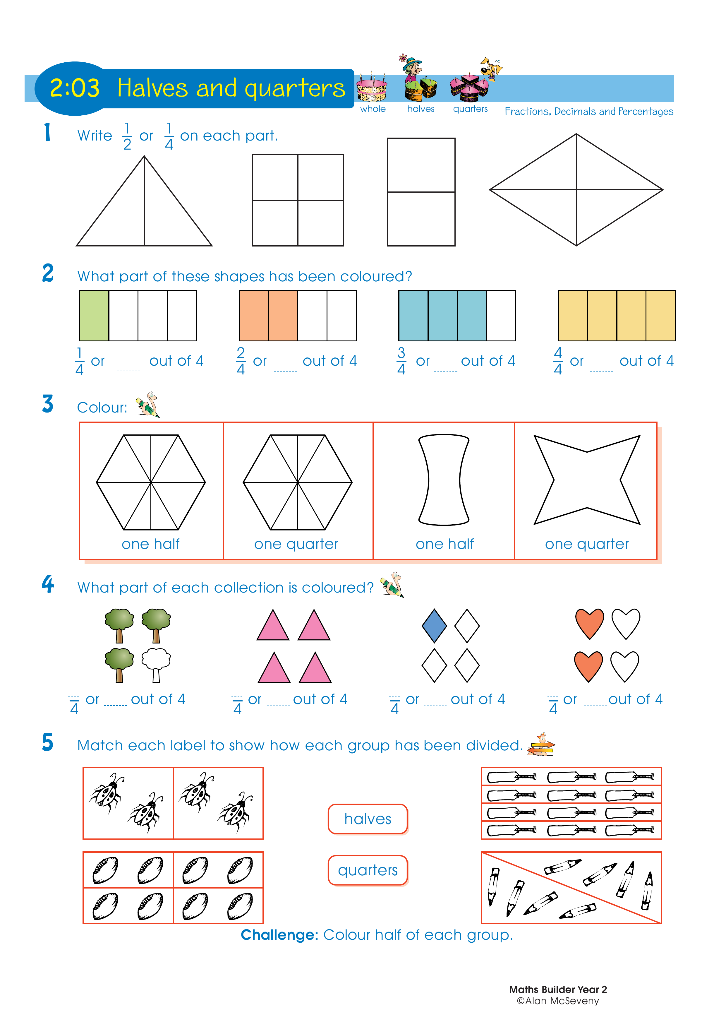 Halves and quarters — worksheet preview