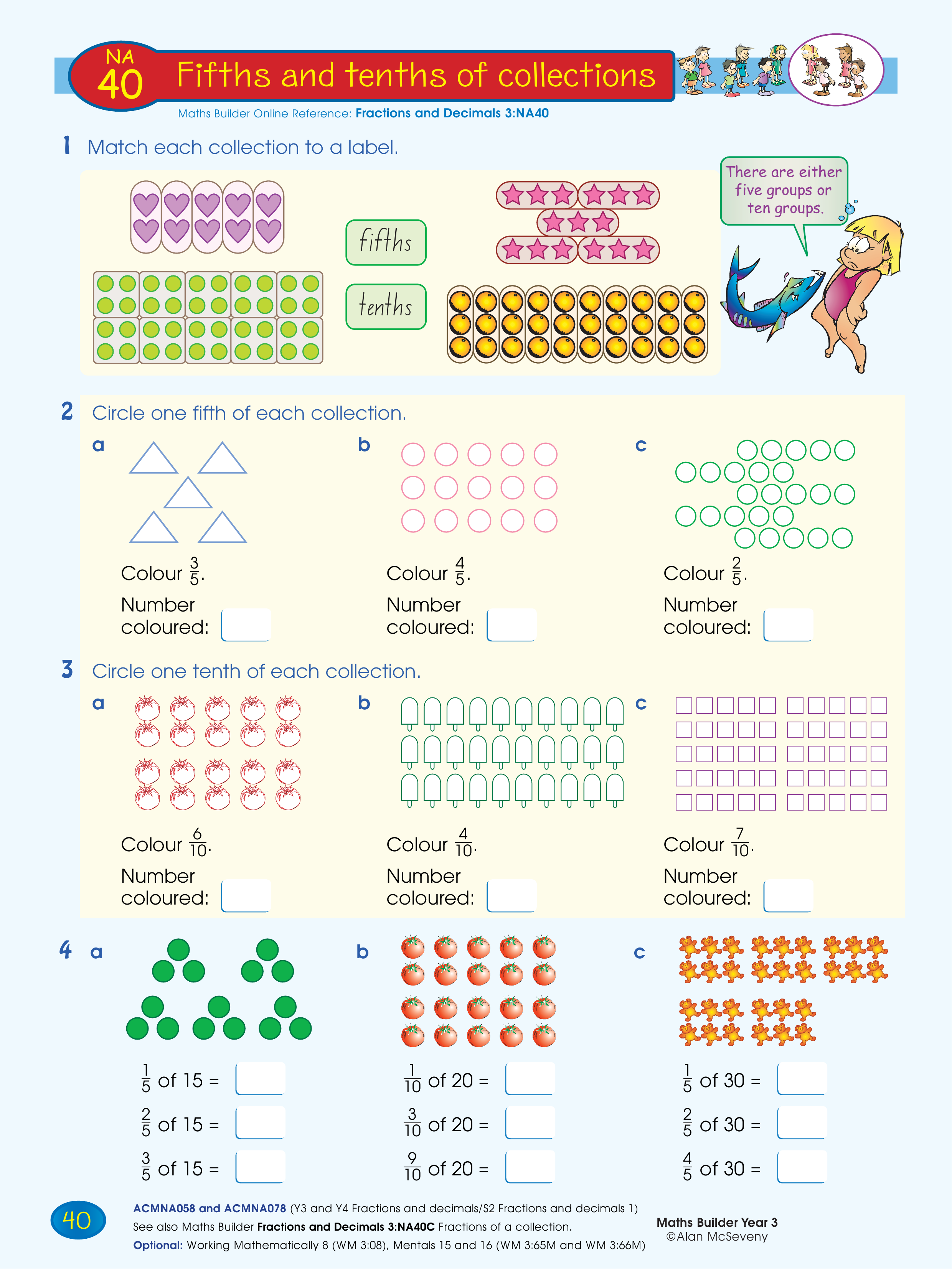 Fifths and tenths of collections — worksheet preview