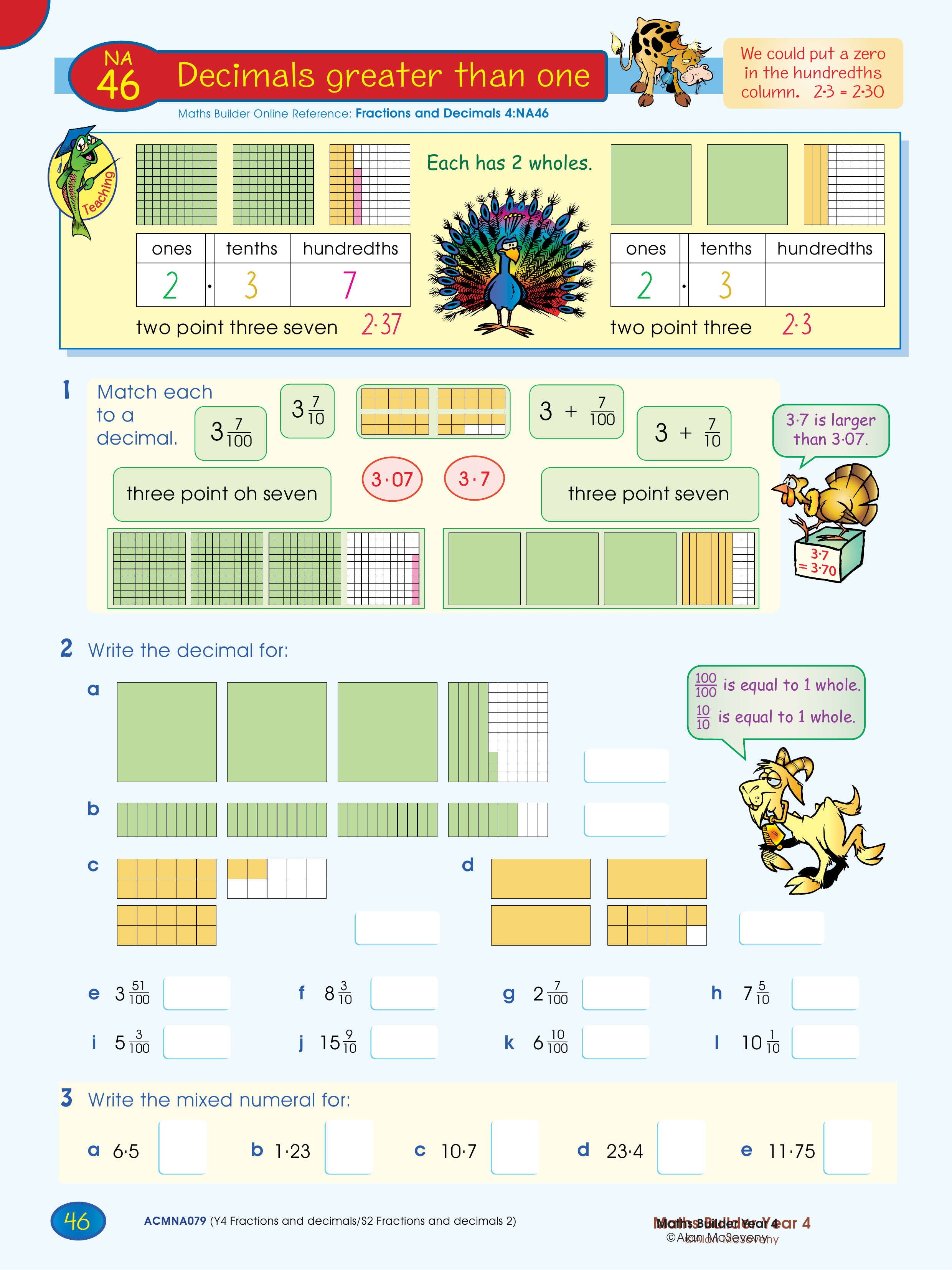Decimals greater than one — worksheet preview