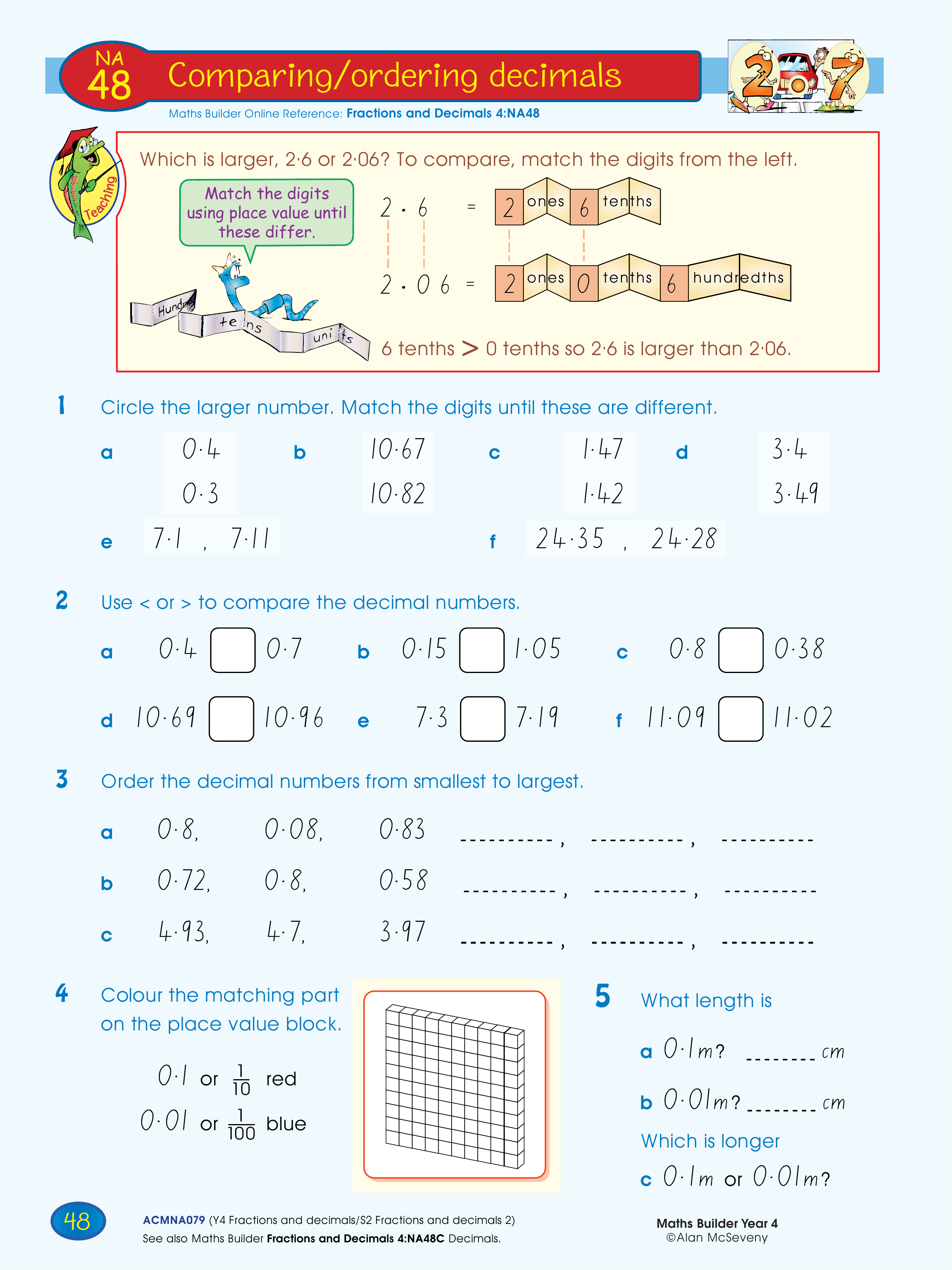 Comparing/ordering decimals — worksheet preview