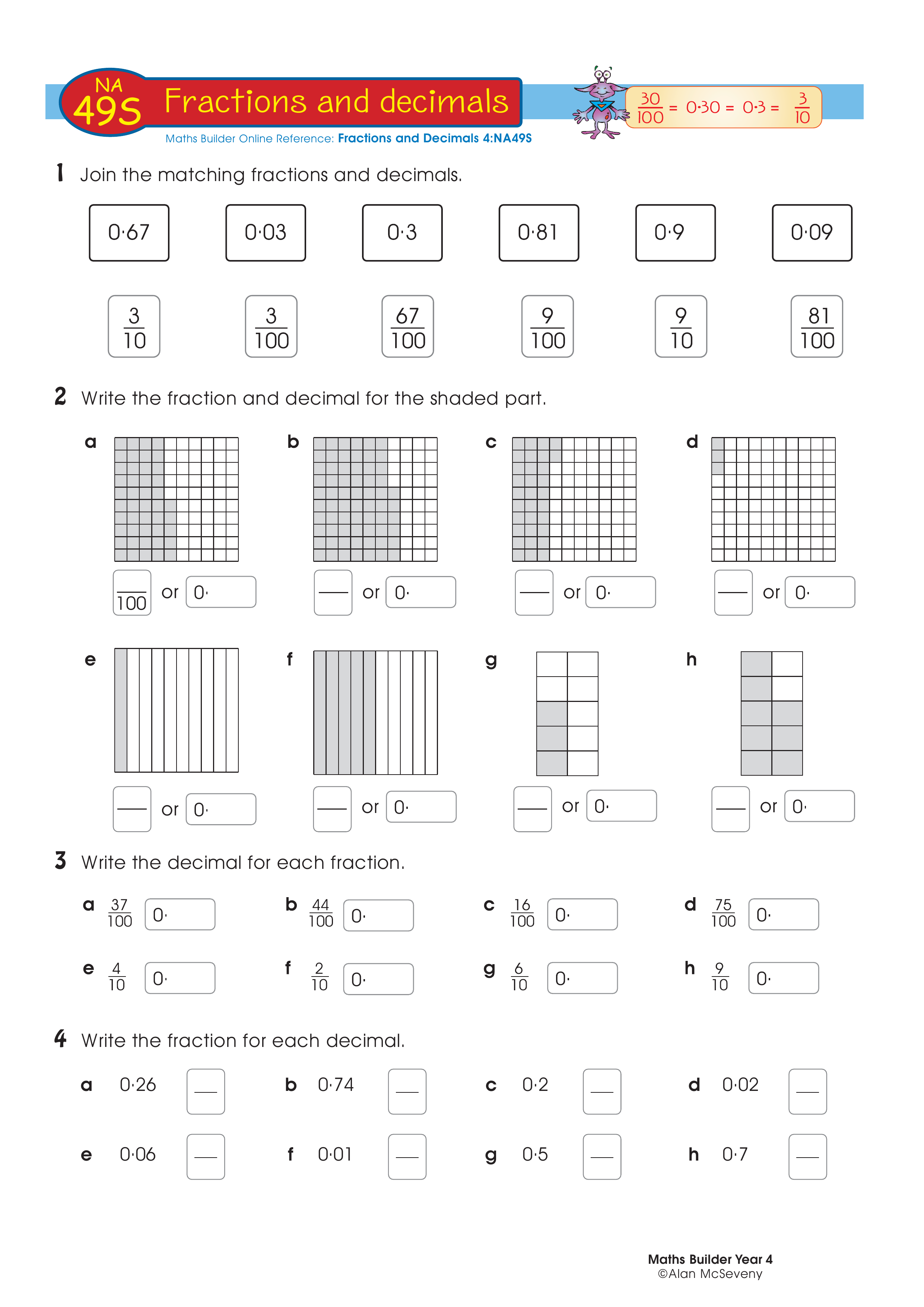Fractions and decimals — worksheet preview