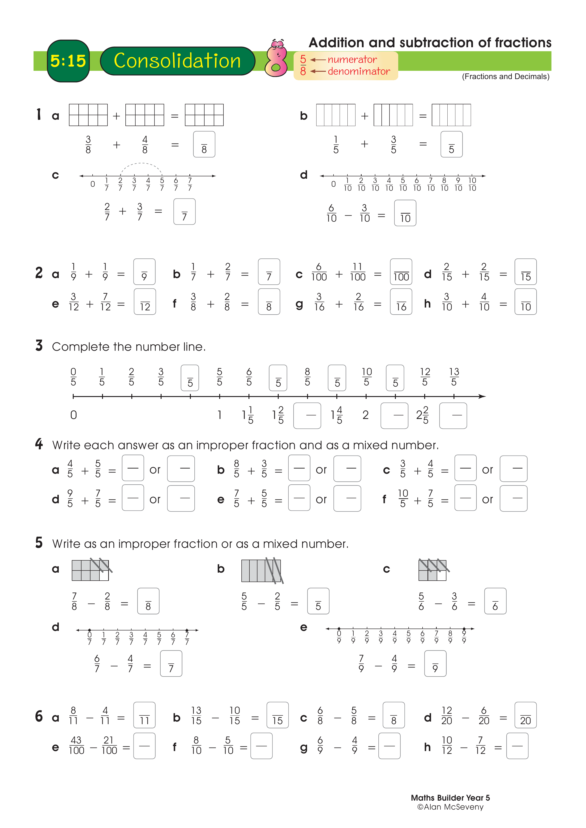 Addition and subtraction of fractions — worksheet preview