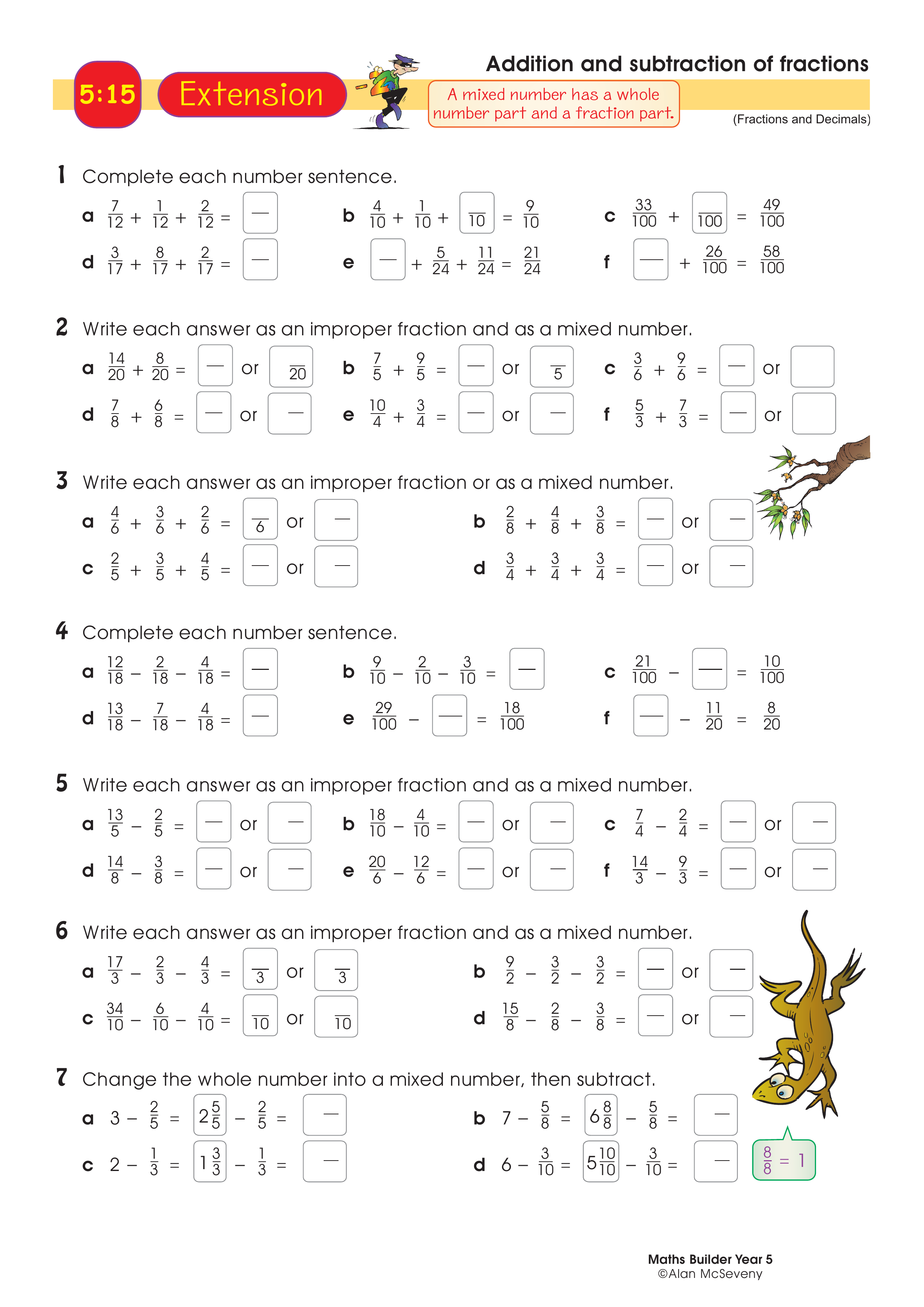Addition and subtraction of fractions — worksheet preview