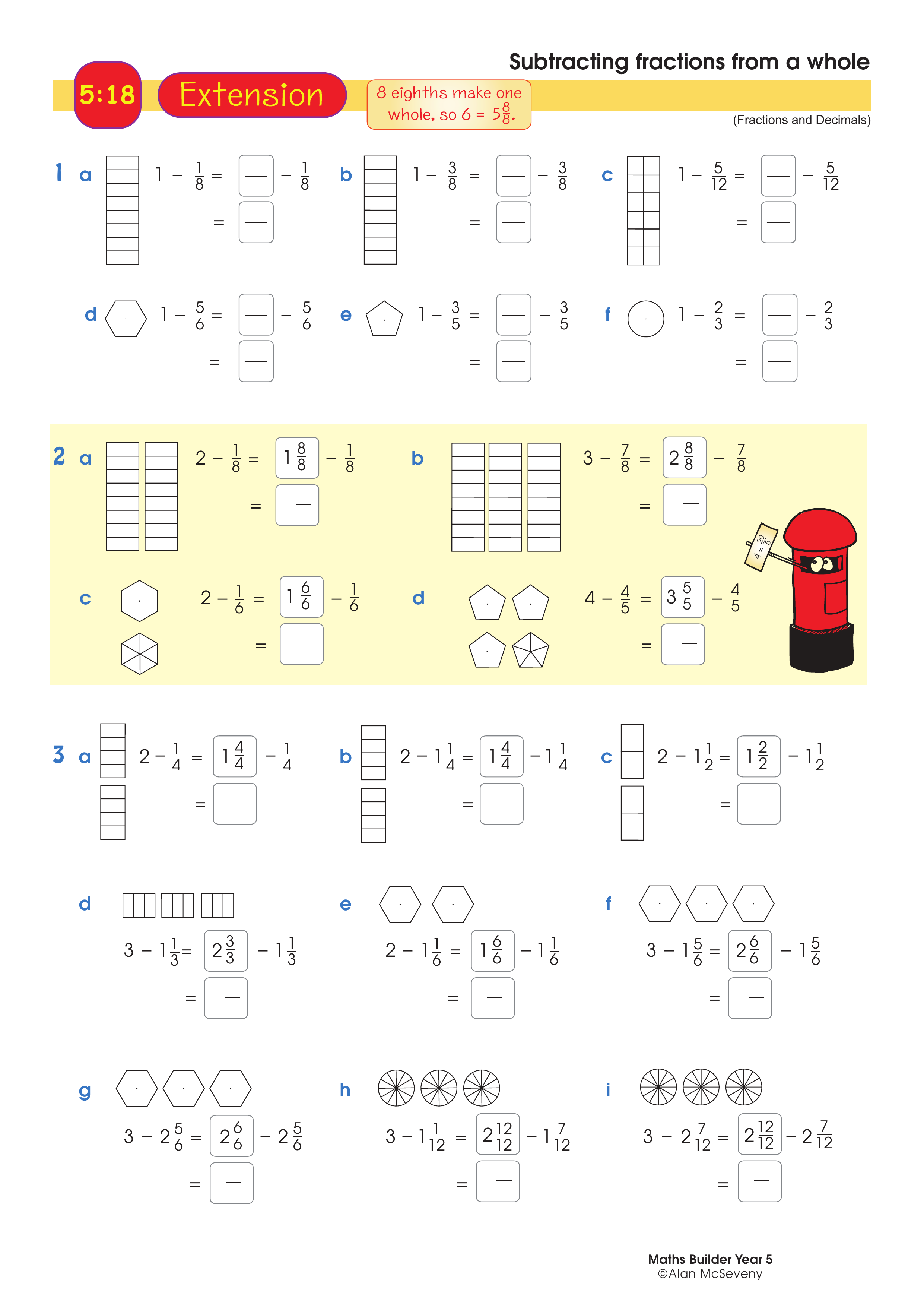 Subtracting fractions from a whole — worksheet preview