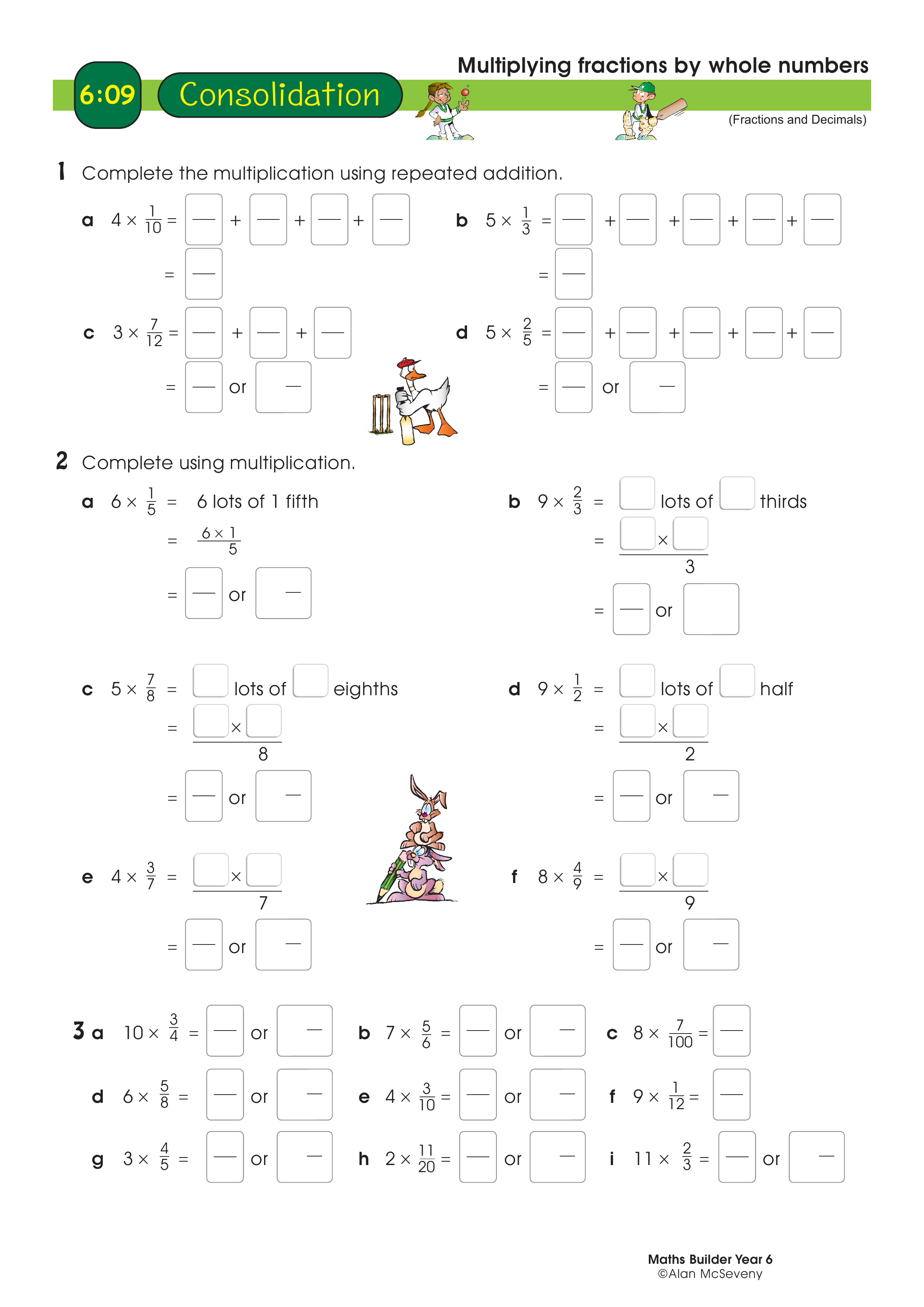 Multiplying fractions by whole numbers — worksheet preview