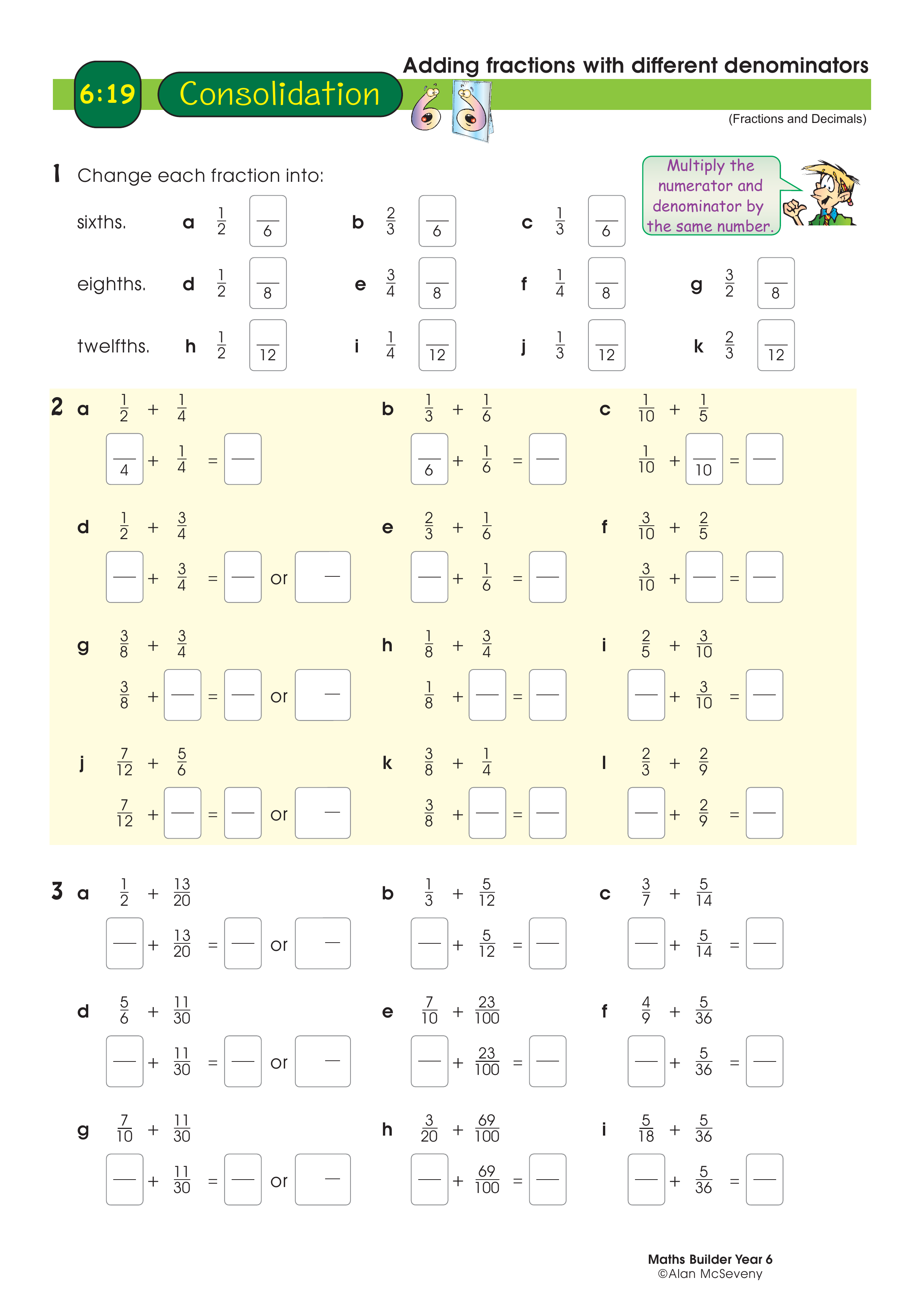 Adding fractions: different denominators — worksheet preview