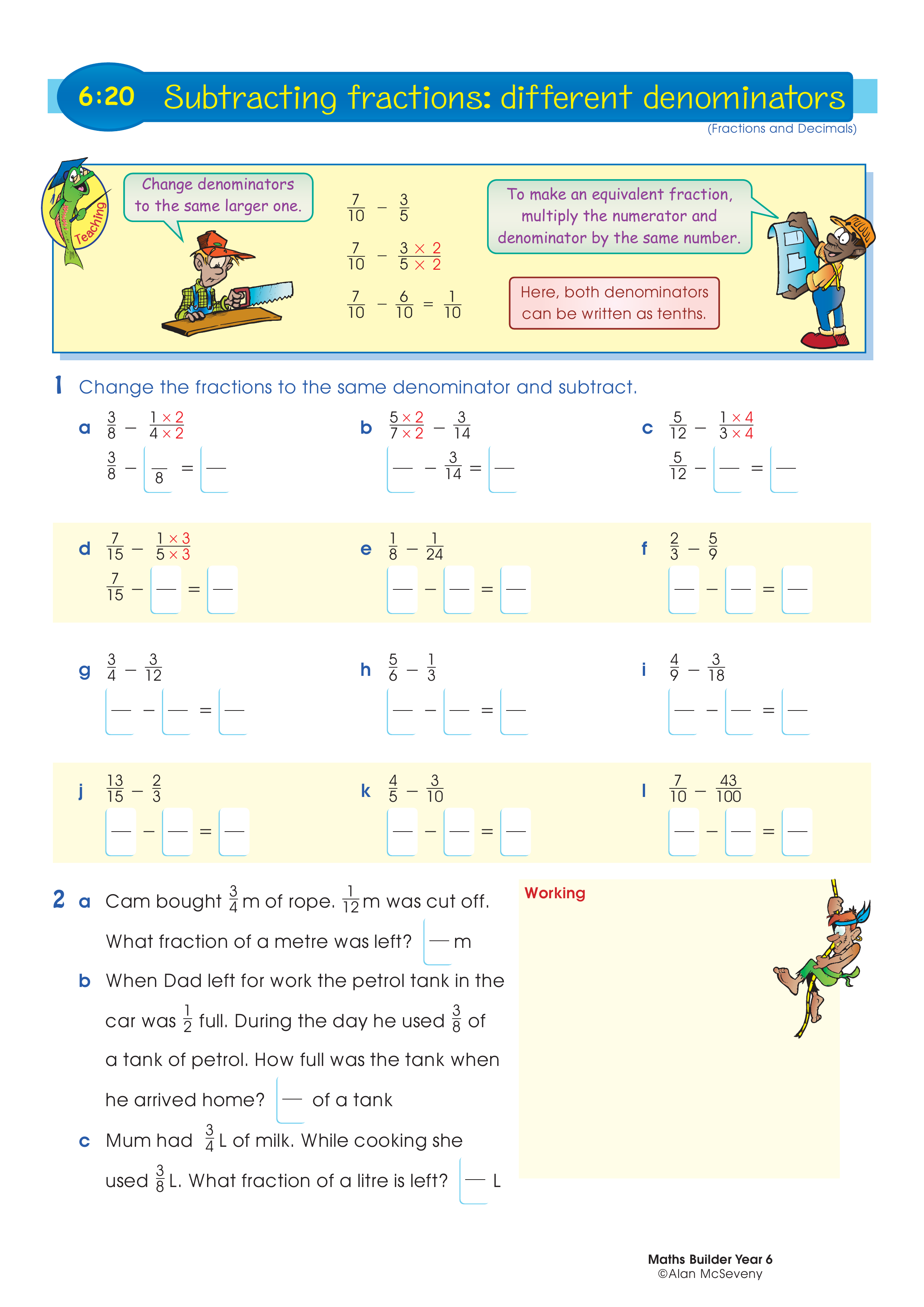 Subtracting fractions: different denominators — worksheet preview