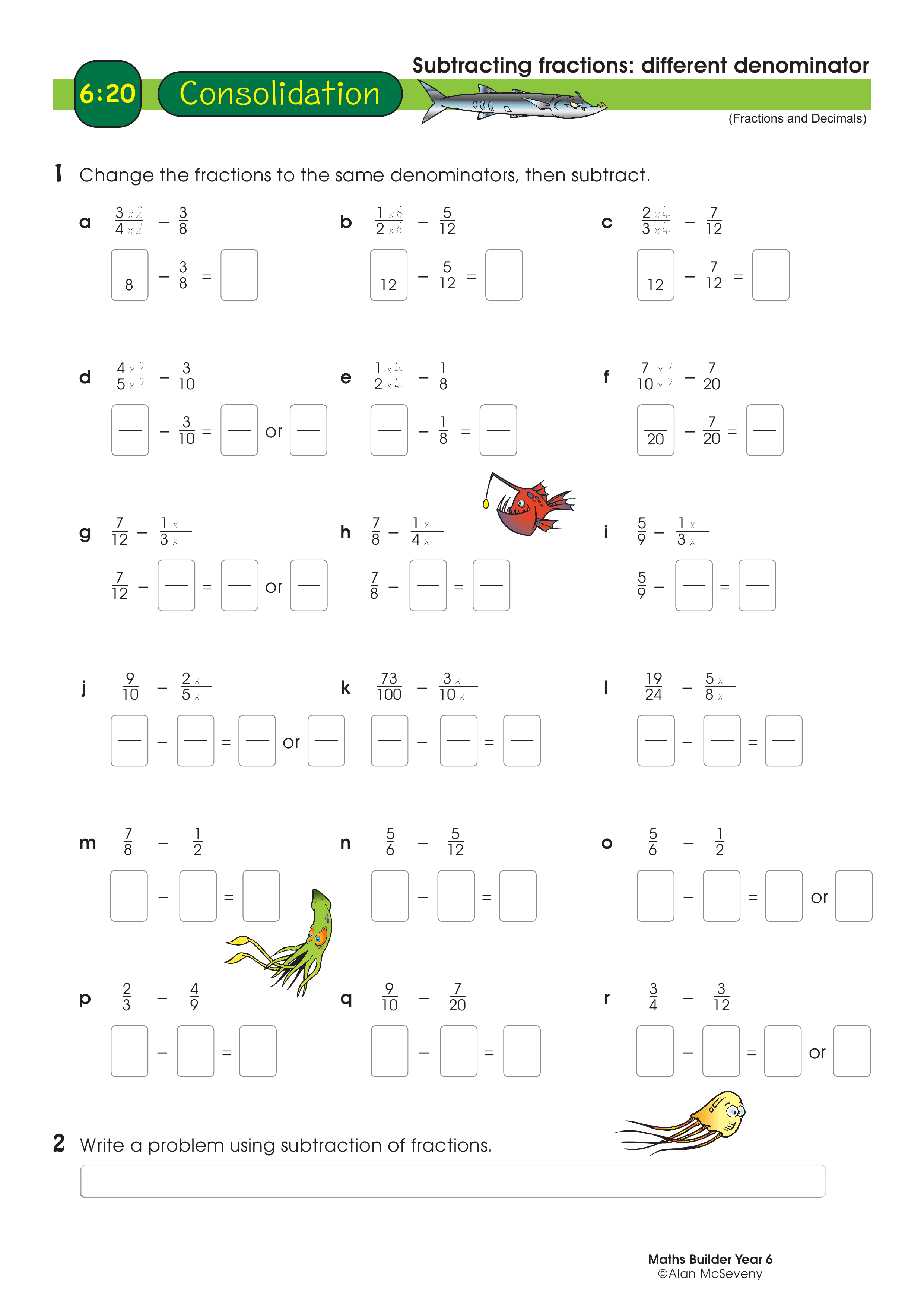 Subtracting fractions: different denominator — worksheet preview
