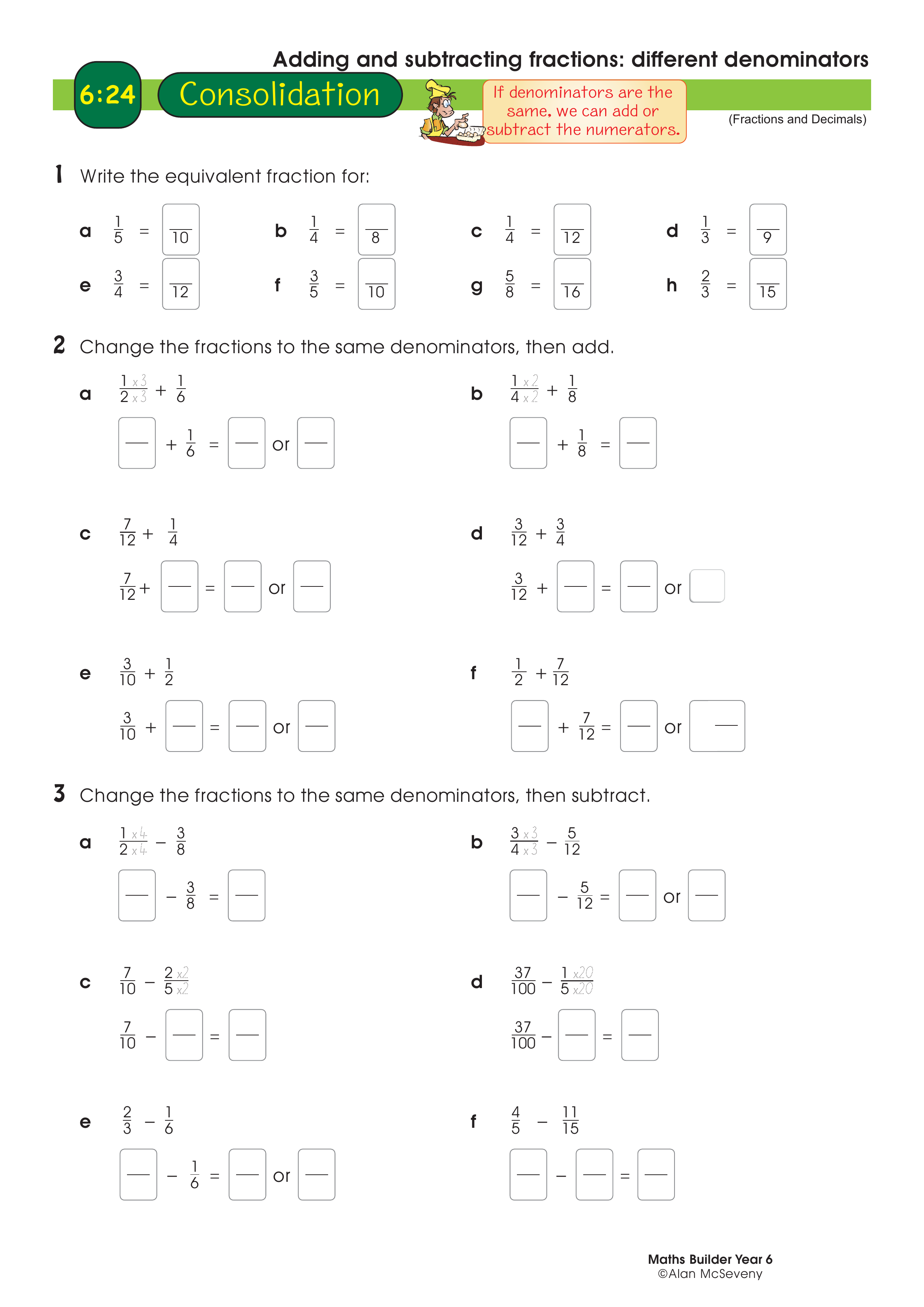 Adding and subtracting fractions: different denominators — worksheet preview