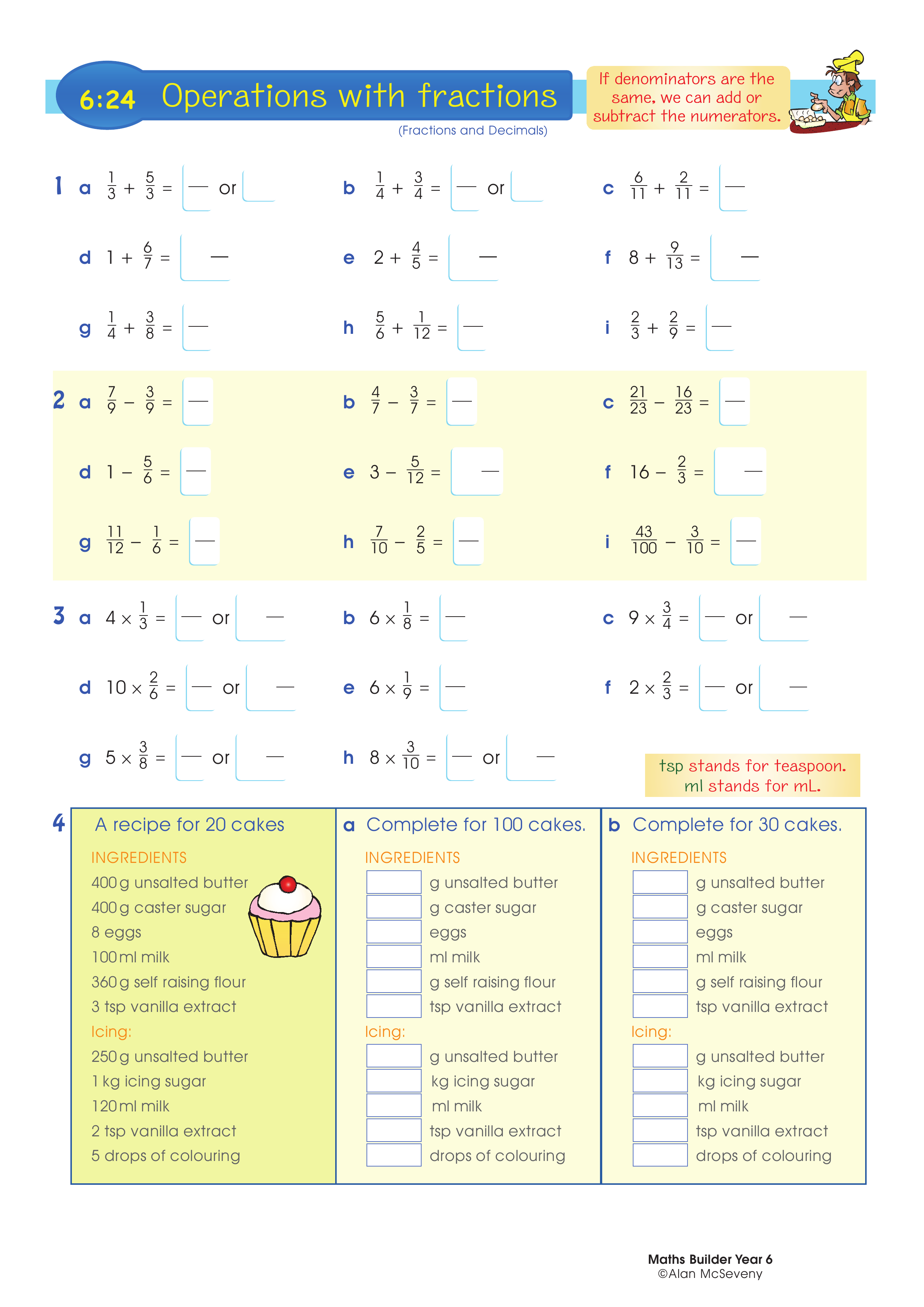 Operations with fractions — worksheet preview