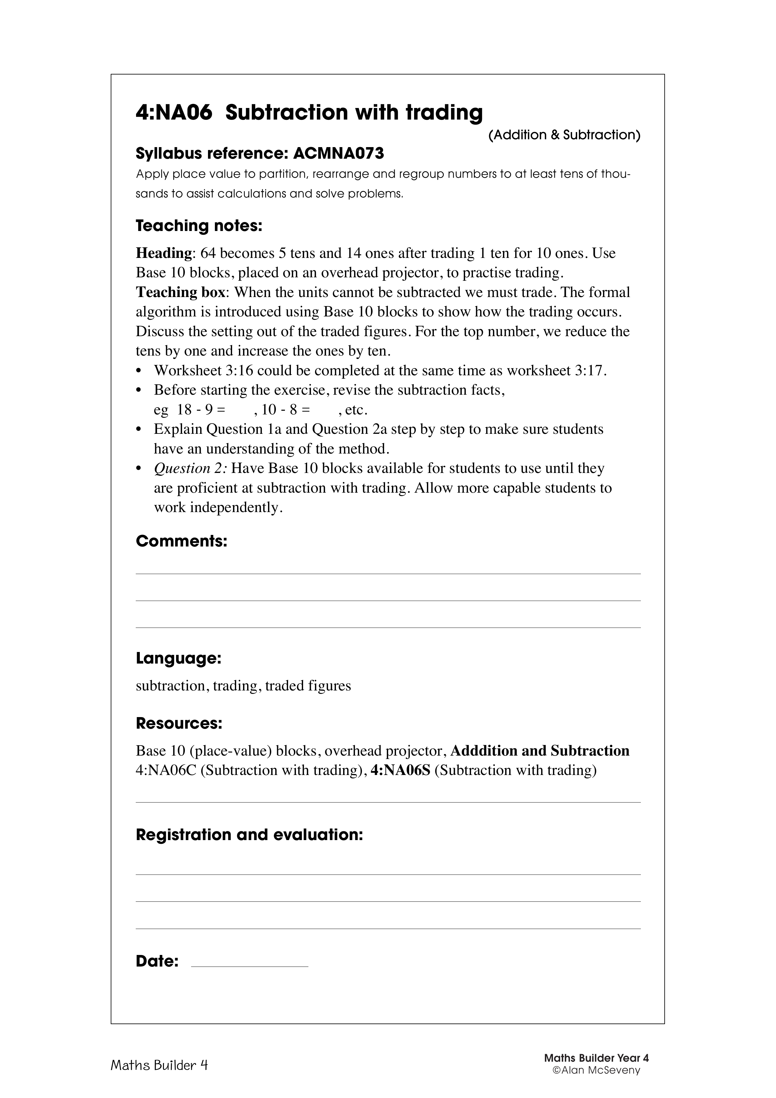 Subtraction with trading — worksheet preview