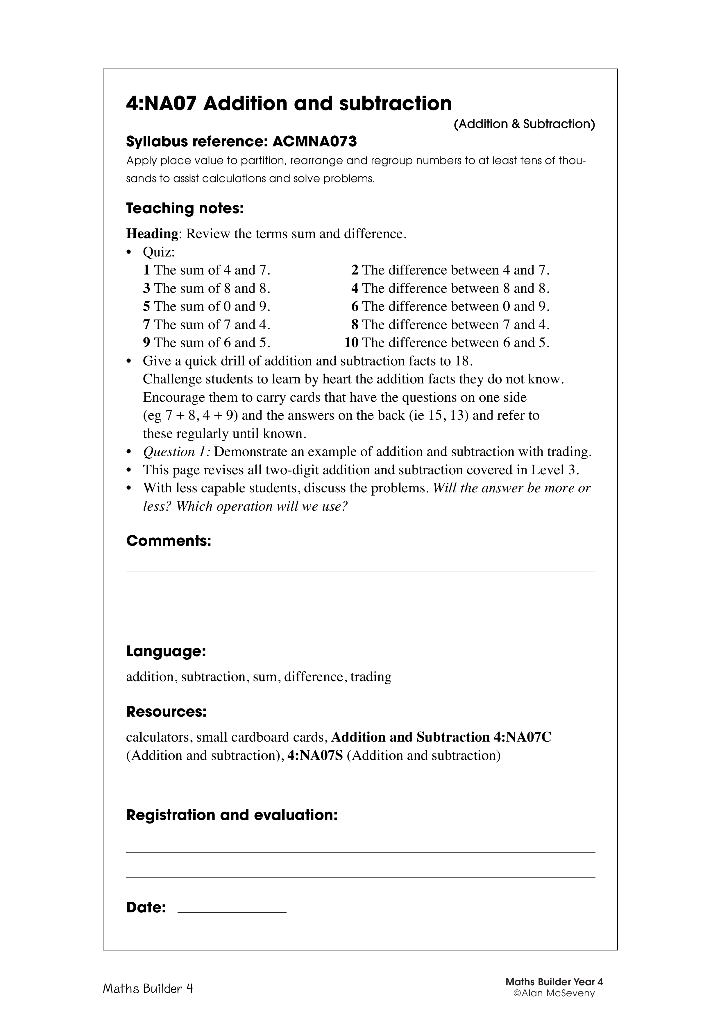 Addition and subtraction — worksheet preview