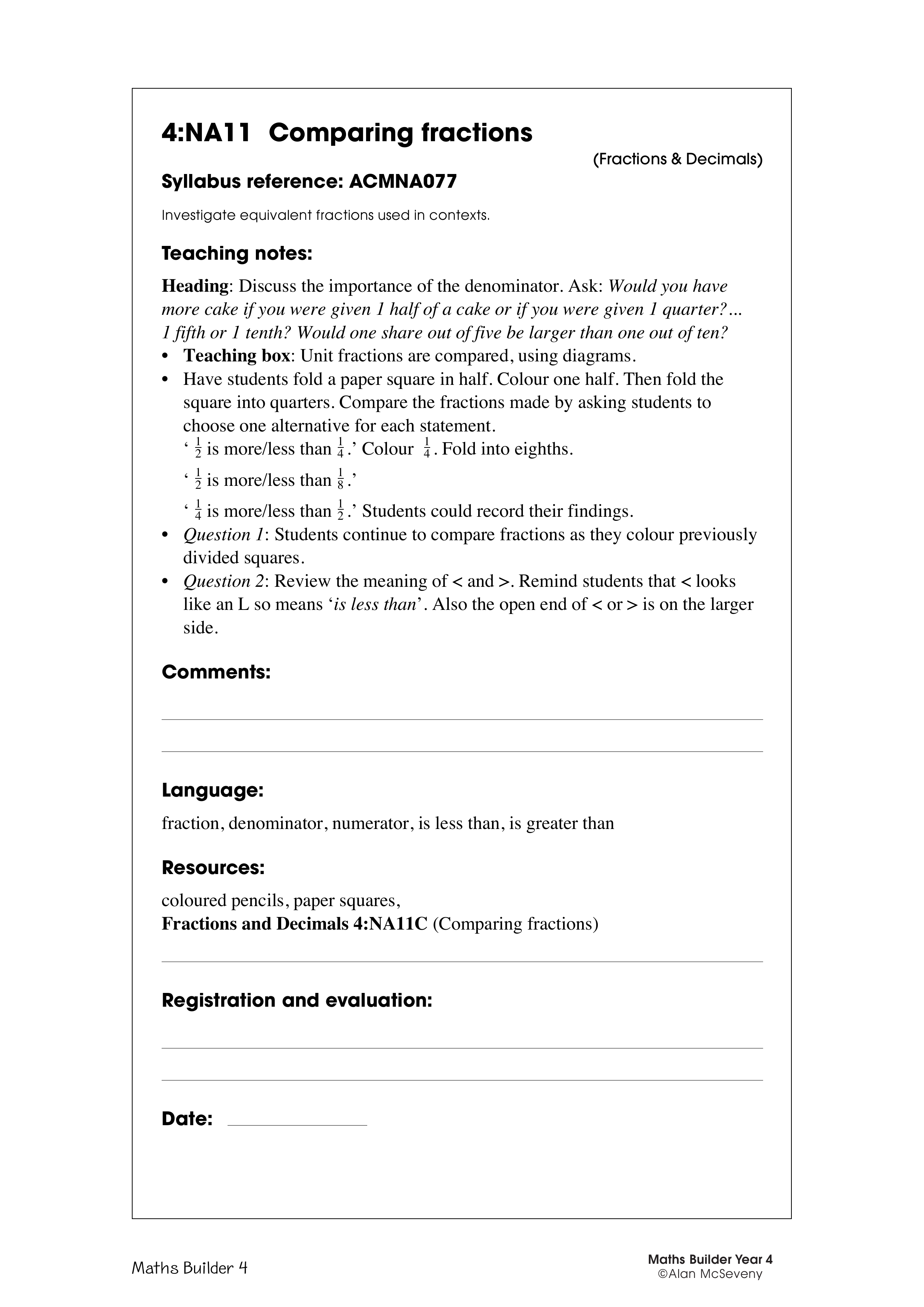 Comparing fractions — worksheet preview