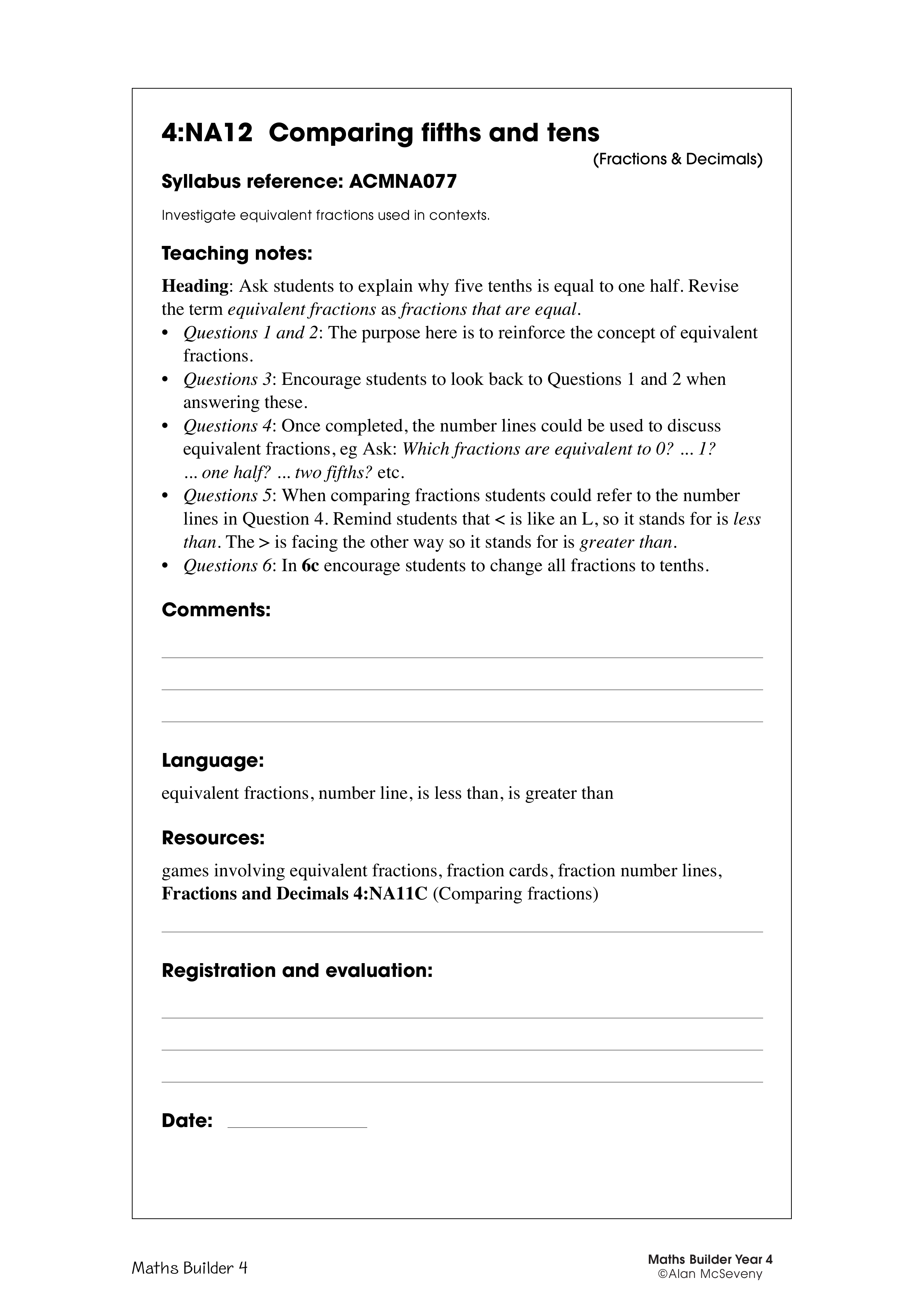 Comparing fifths and tenths — worksheet preview