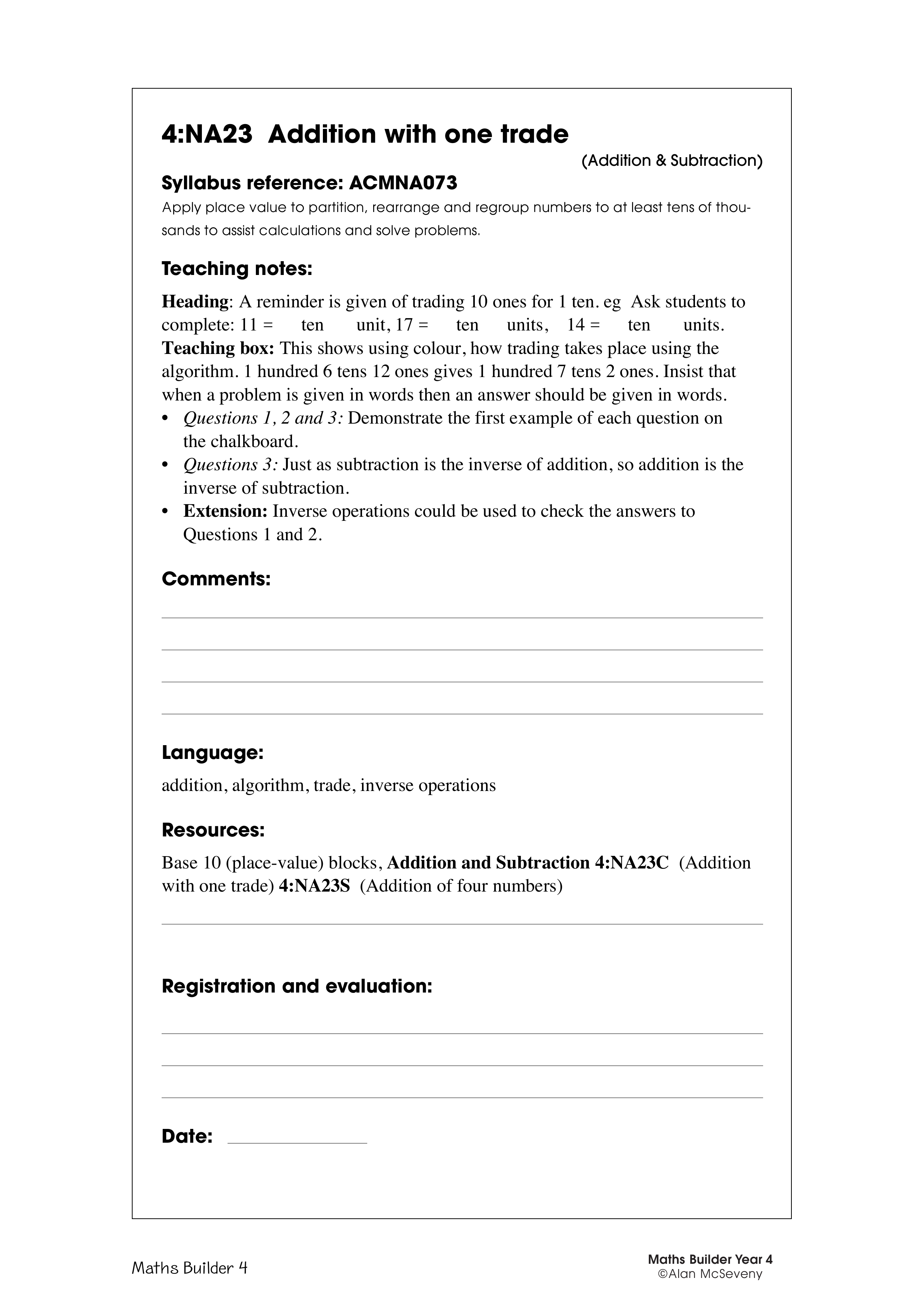 Addition, 3 digits, one trade — worksheet preview