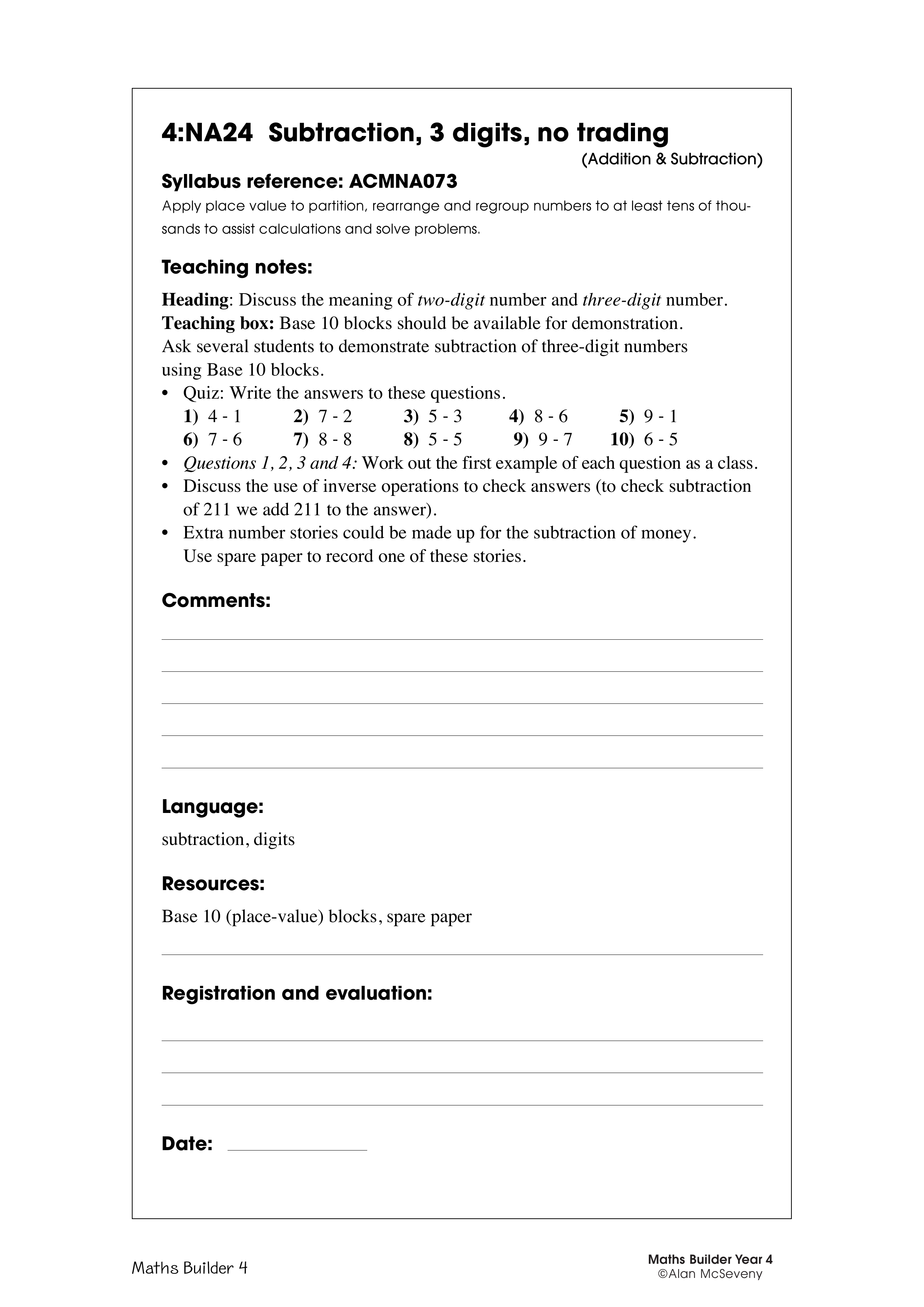 Subtraction, 3 digits, no trading — worksheet preview