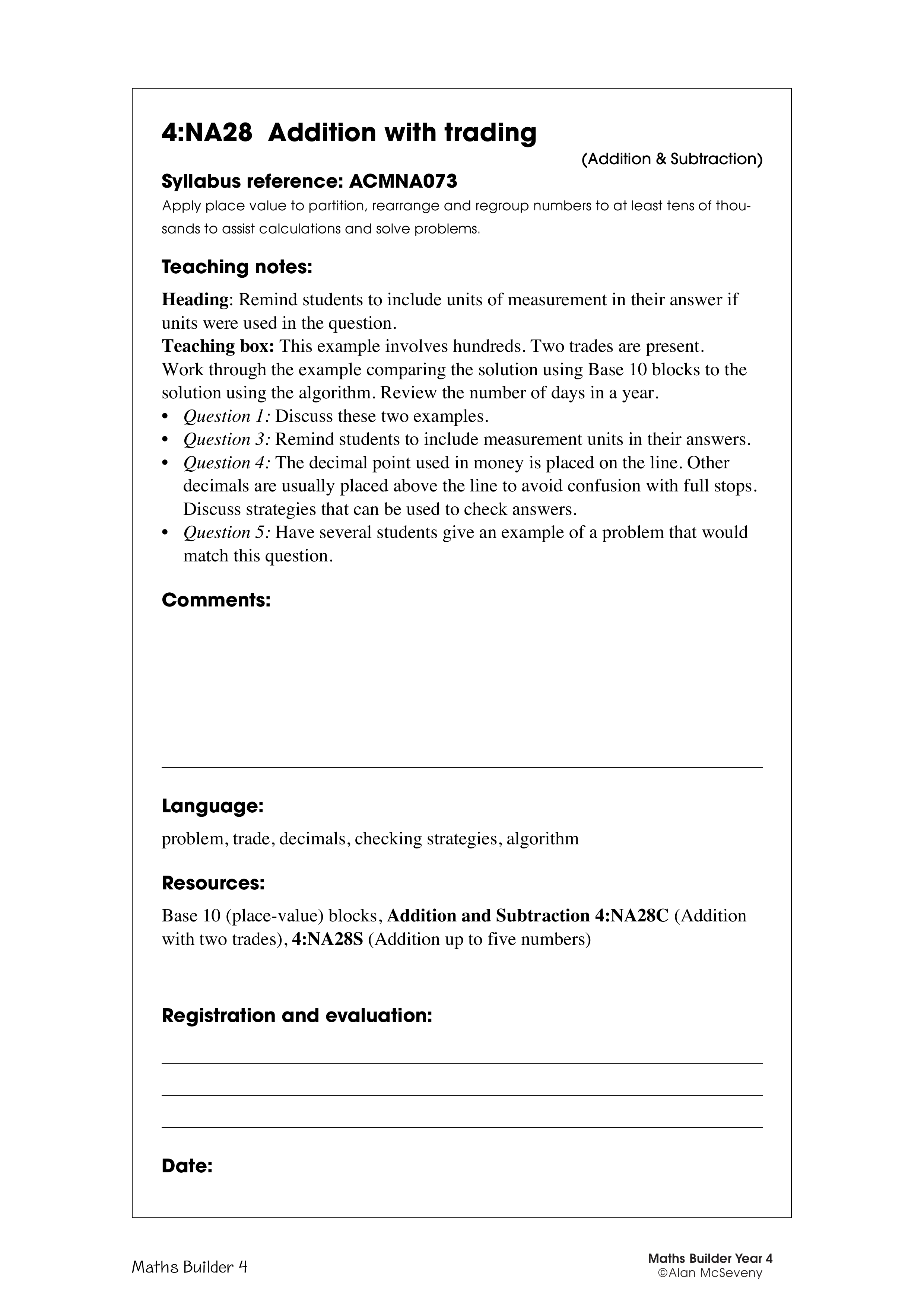 Addition with trading — worksheet preview