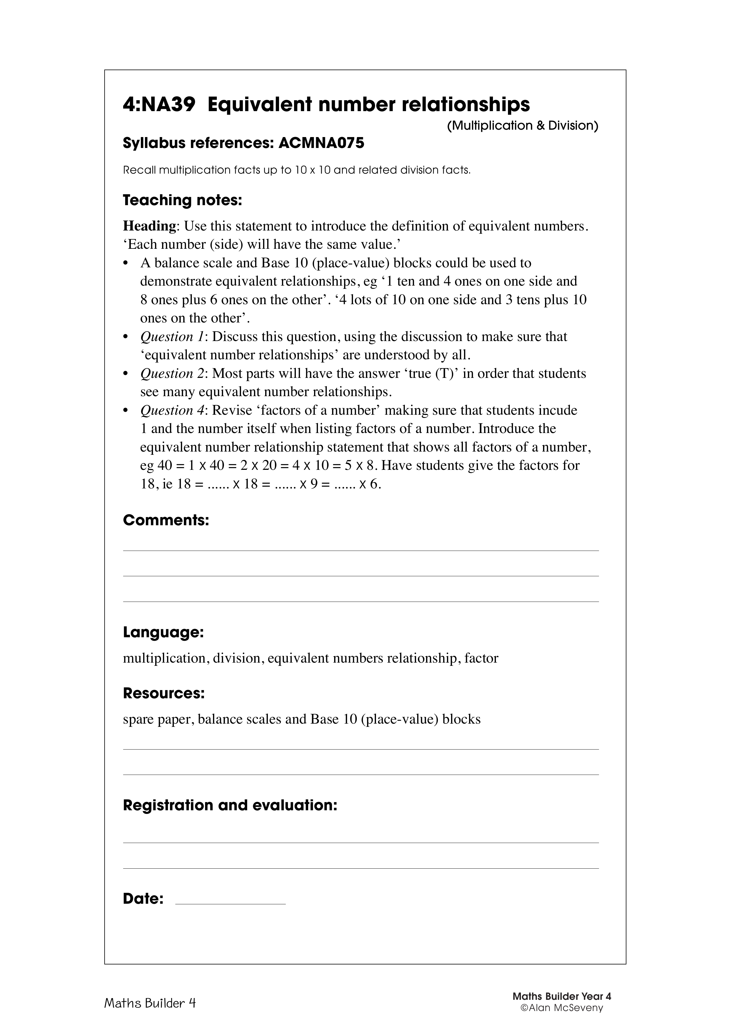 Equivalent number relationships — worksheet preview