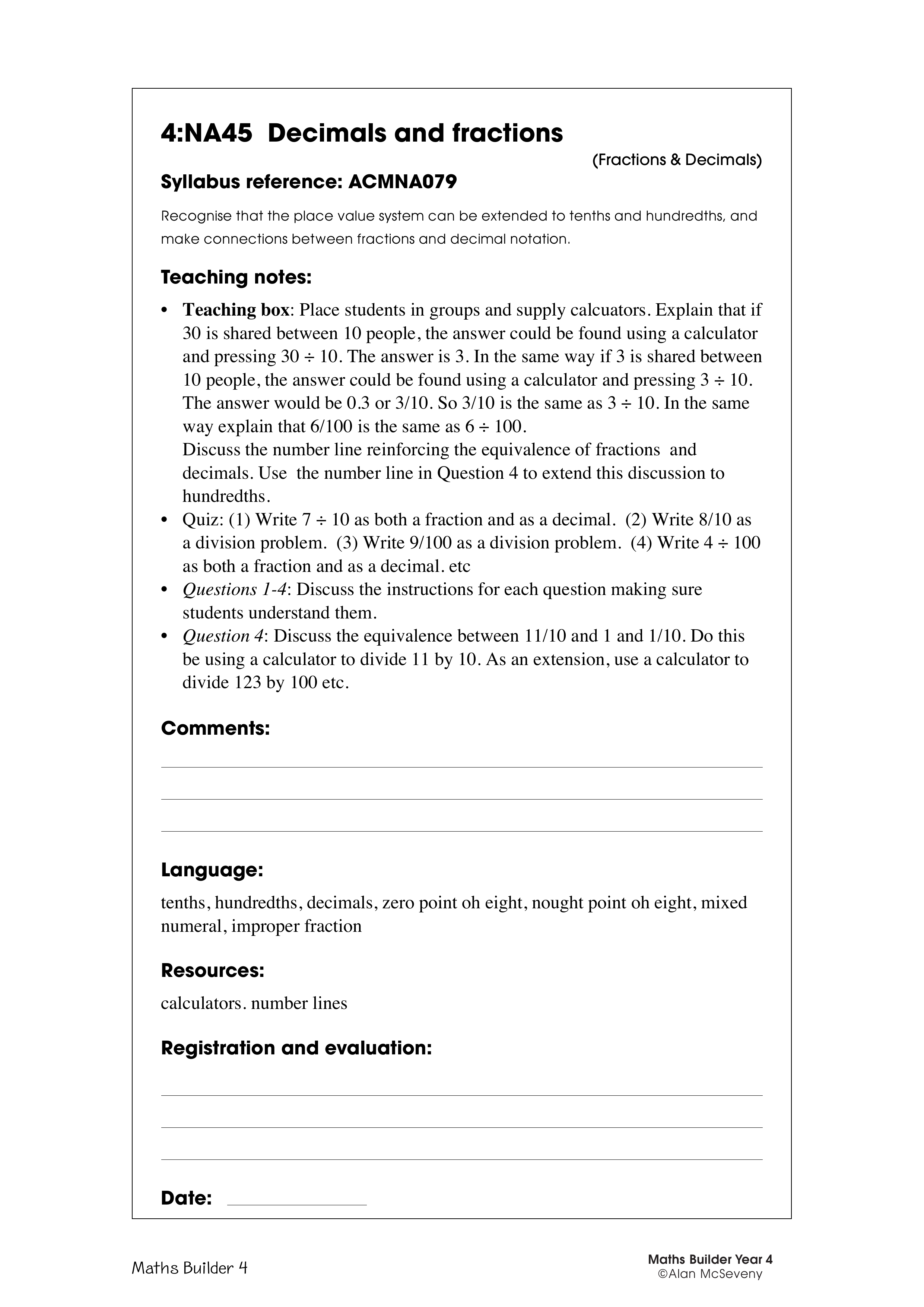 Connecting decimals and fractions — worksheet preview