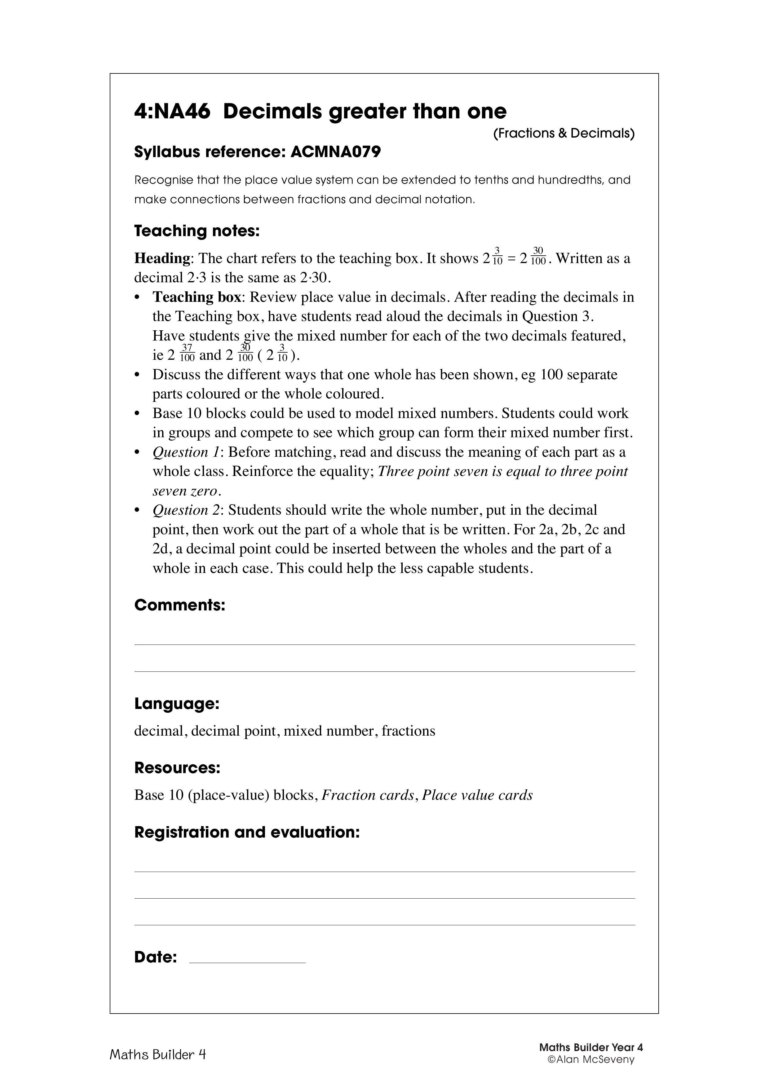 Decimals greater than one — worksheet preview